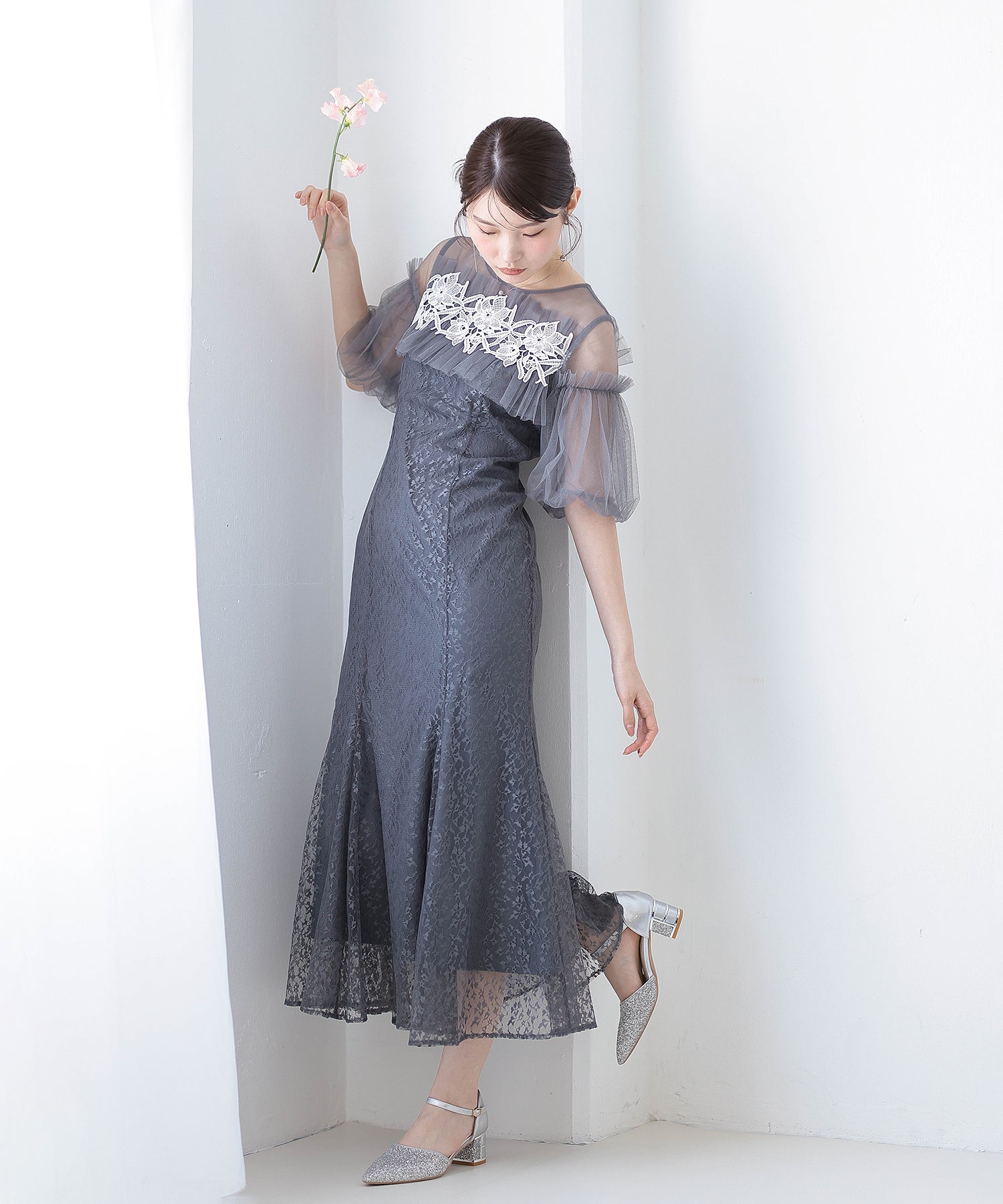 モチーフレース チュールバルーンスリーブ マーメイドライン ドレス パーティー