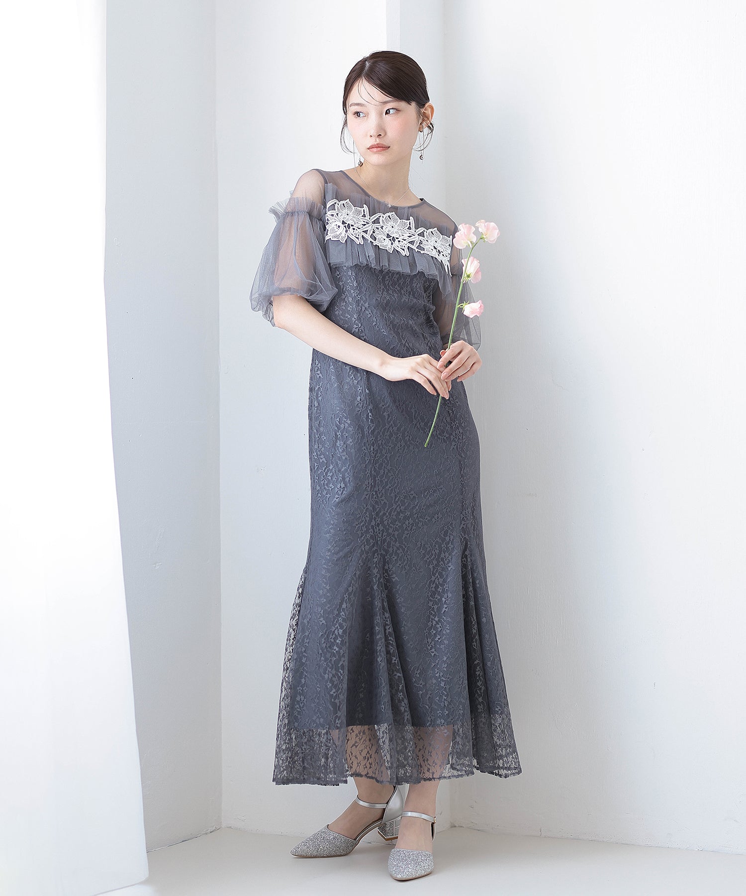 モチーフレース チュールバルーンスリーブ マーメイドライン ドレス パーティー