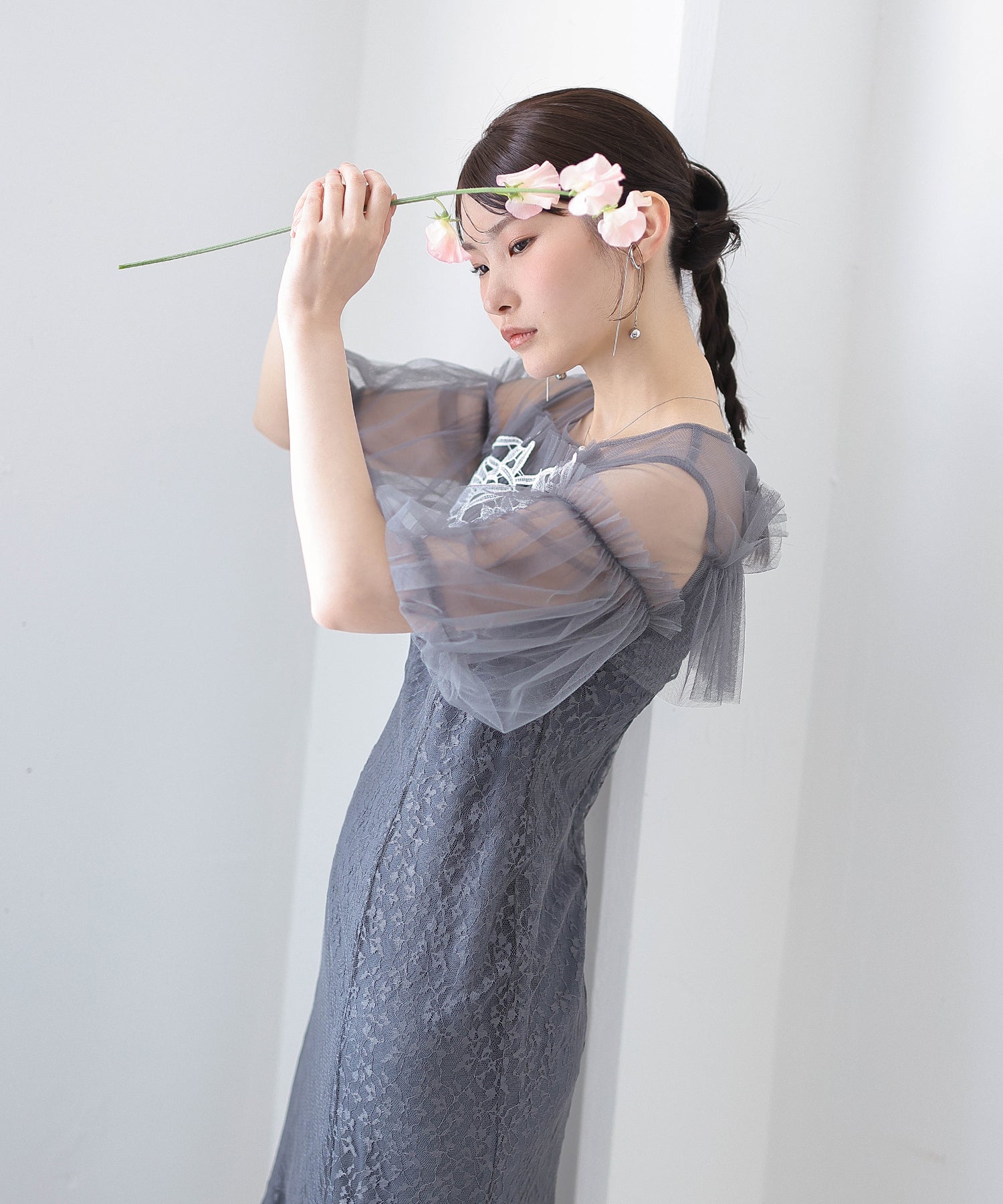 モチーフレース チュールバルーンスリーブ マーメイドライン ドレス パーティー