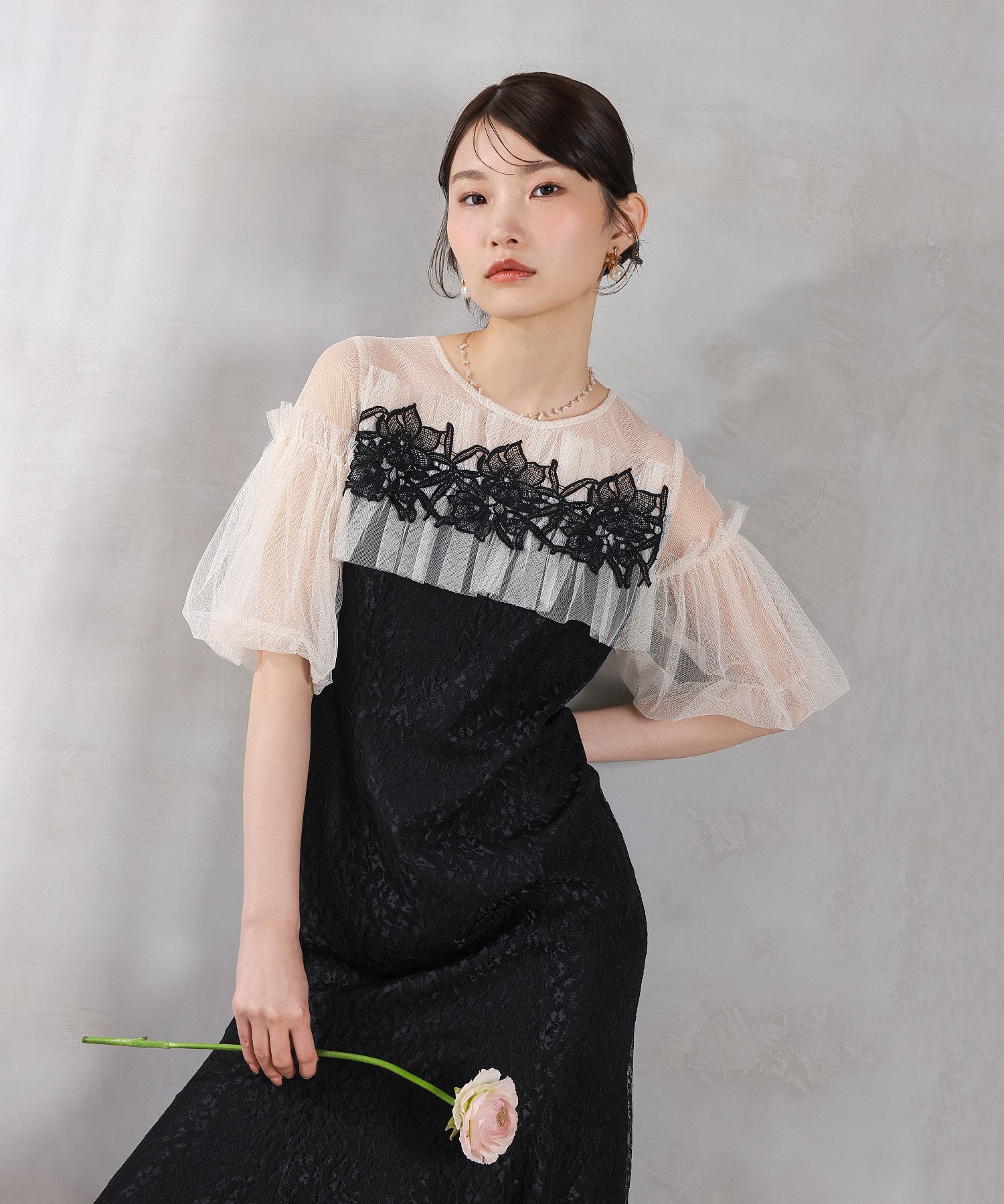 モチーフレース チュールバルーンスリーブ マーメイドライン ドレス パーティー