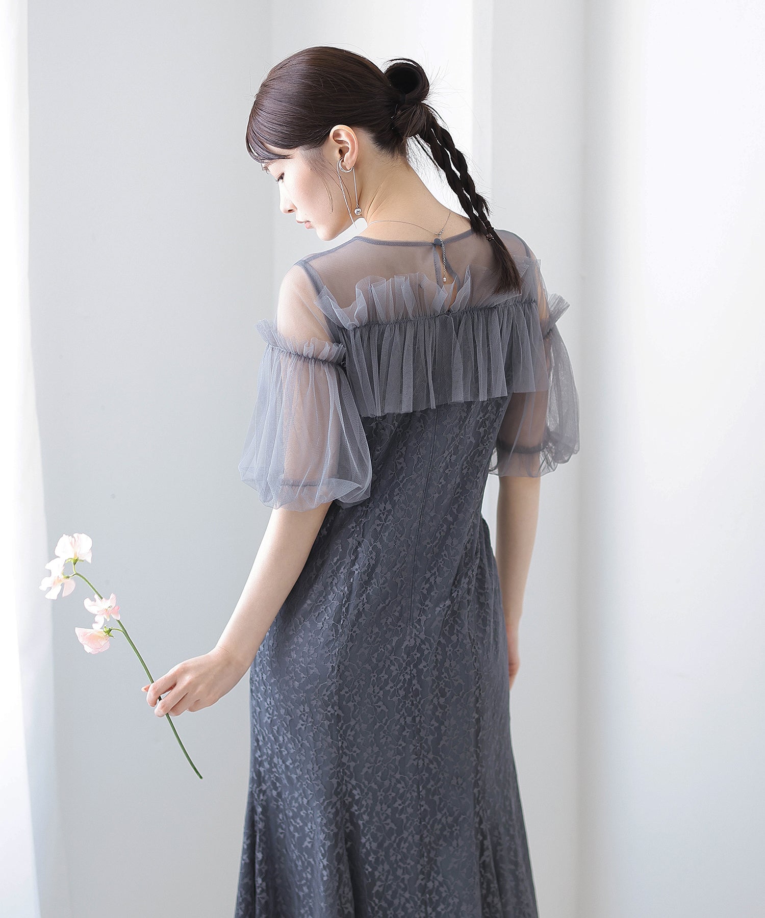 モチーフレース チュールバルーンスリーブ マーメイドライン ドレス パーティー