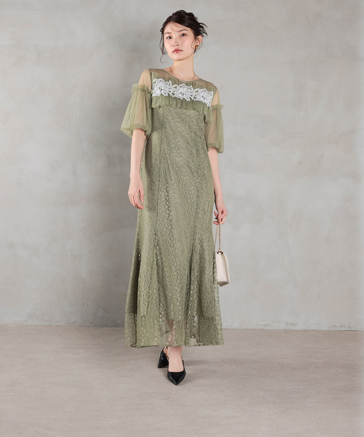 モチーフレース チュールバルーンスリーブ マーメイドライン ドレス パーティー