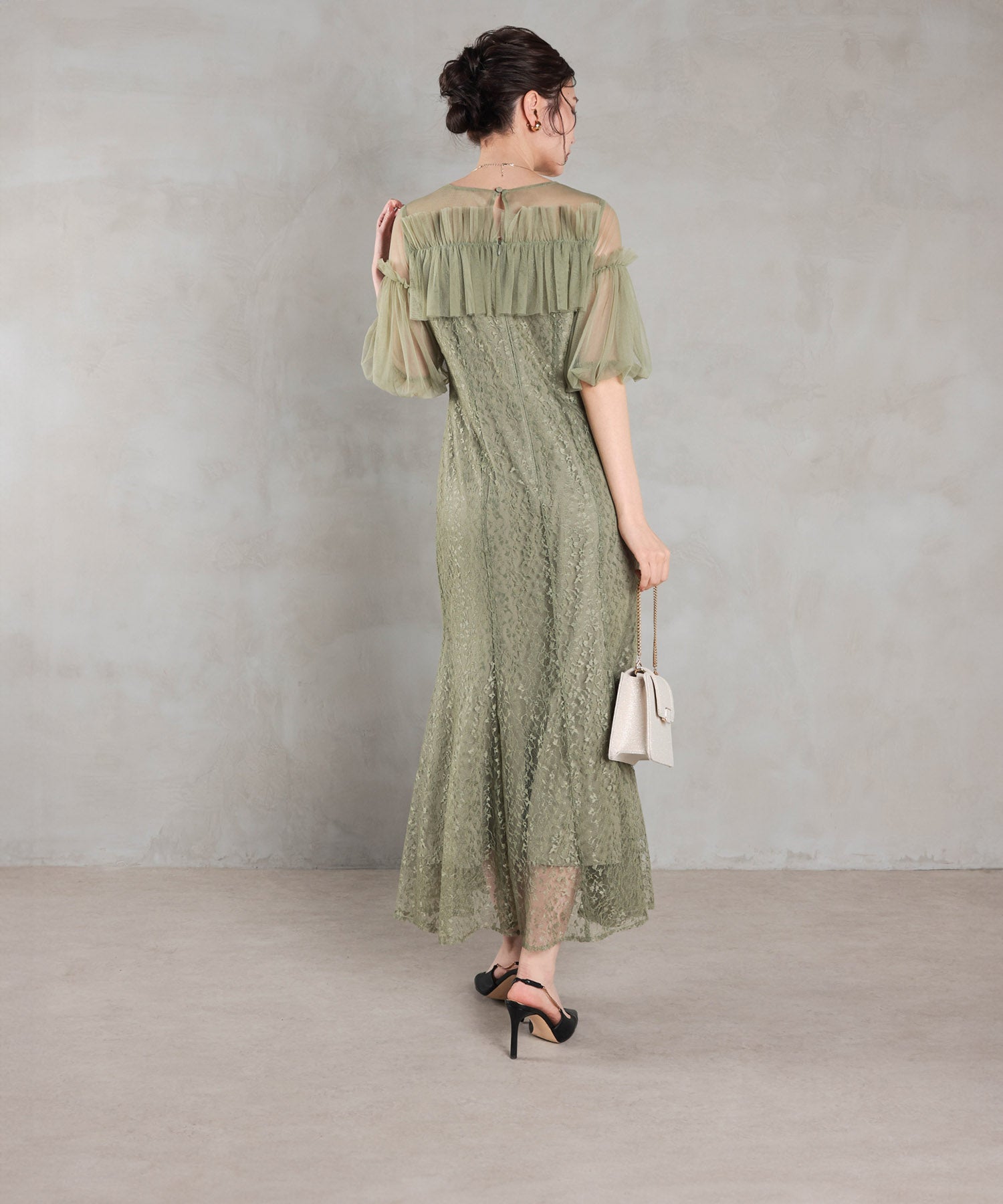 モチーフレース チュールバルーンスリーブ マーメイドライン ドレス パーティー