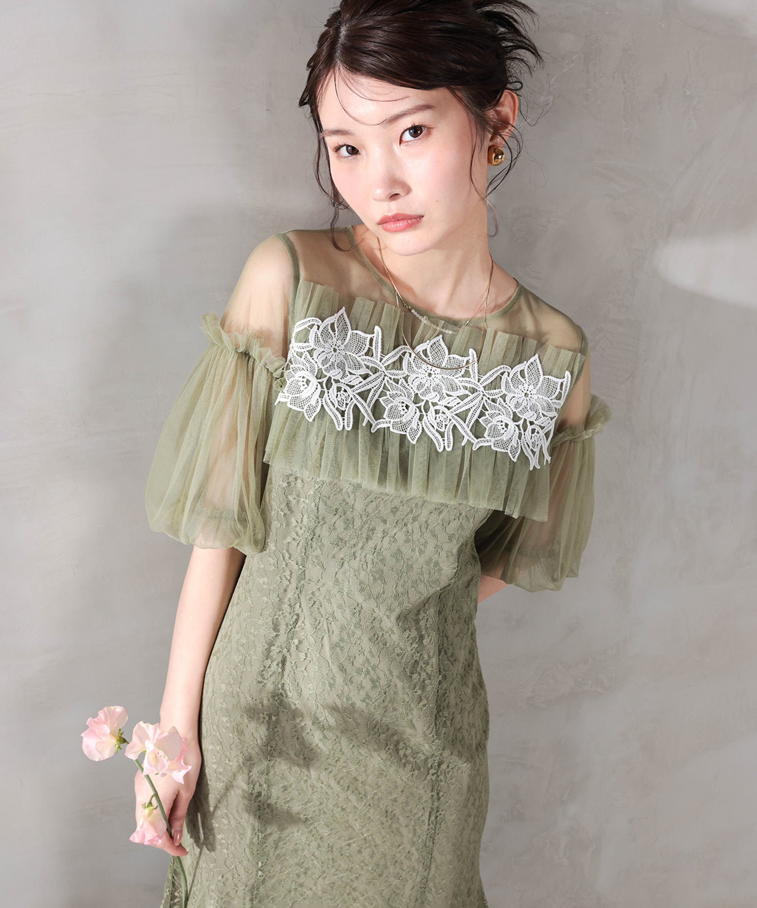 モチーフレース チュールバルーンスリーブ マーメイドライン ドレス パーティー