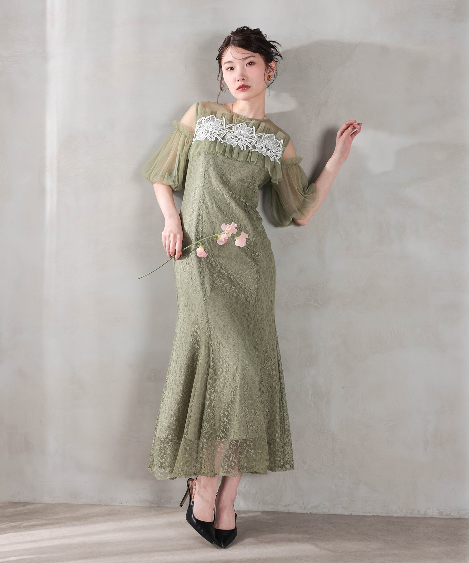 モチーフレース チュールバルーンスリーブ マーメイドライン ドレス パーティー