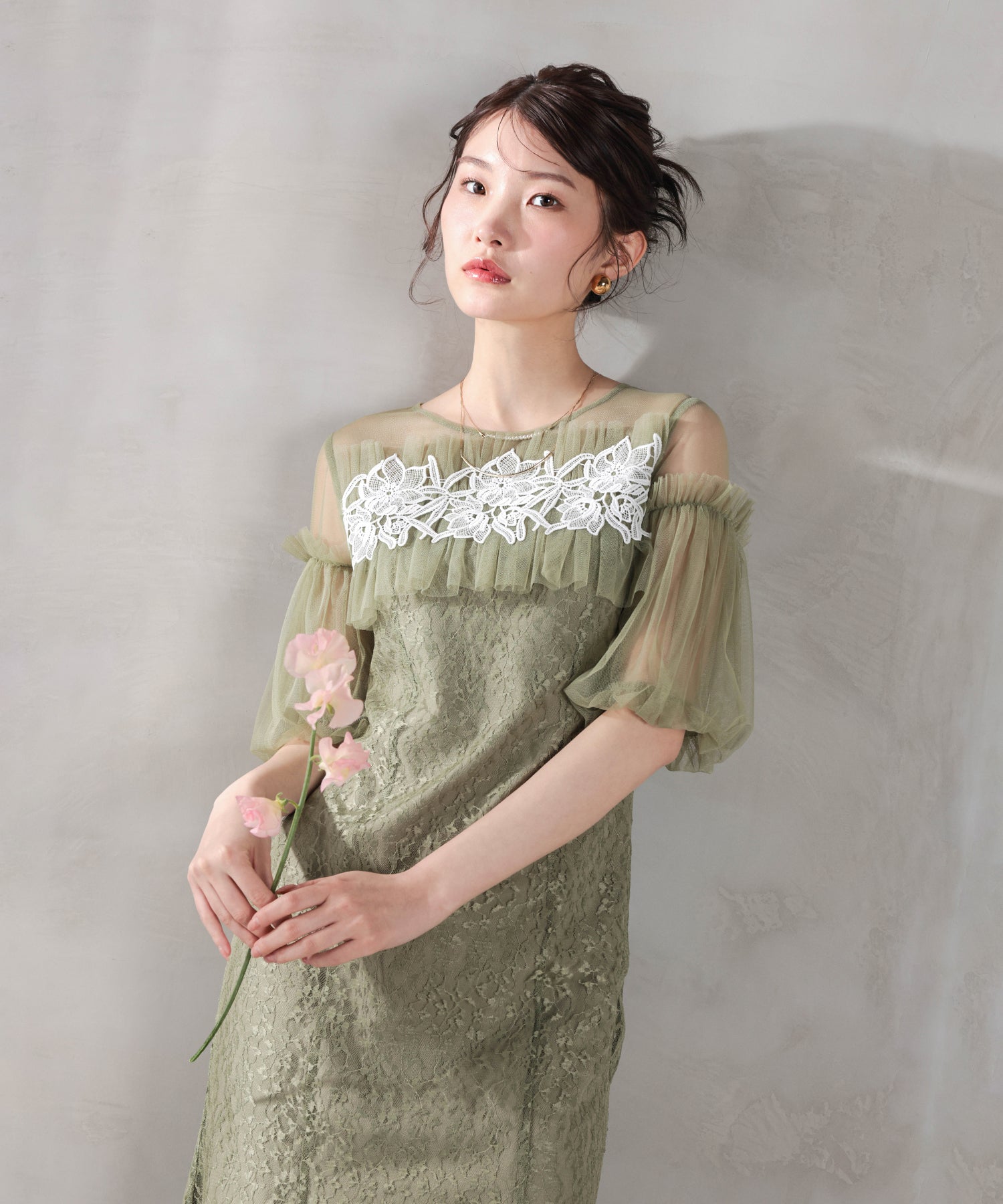 モチーフレース チュールバルーンスリーブ マーメイドライン ドレス パーティー