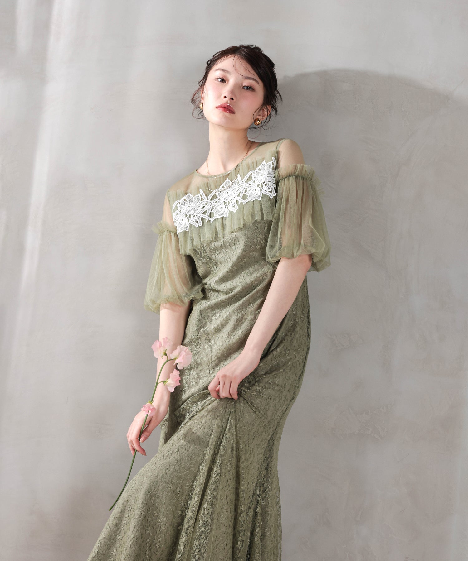 モチーフレース チュールバルーンスリーブ マーメイドライン ドレス パーティー