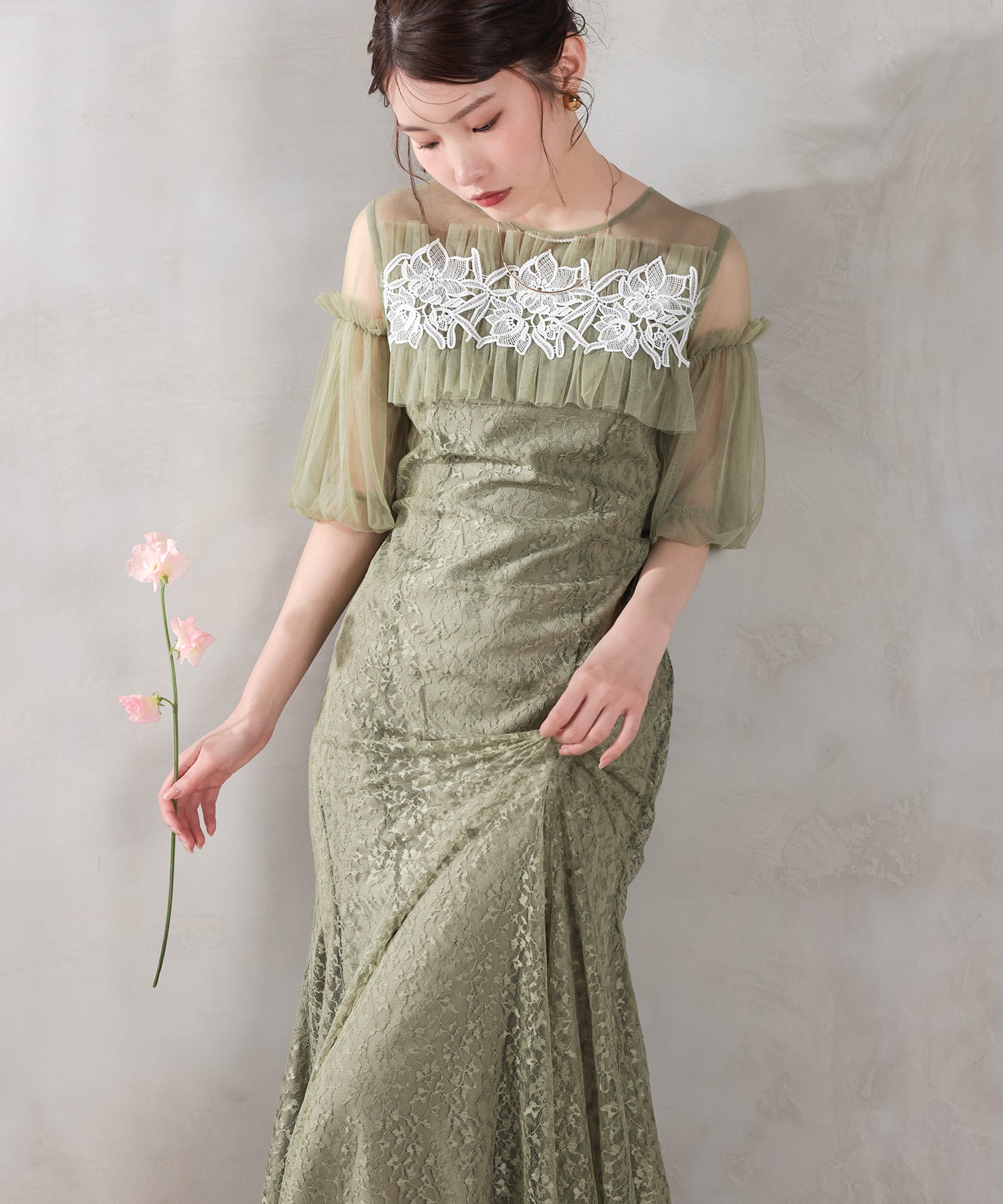 モチーフレース チュールバルーンスリーブ マーメイドライン ドレス パーティー