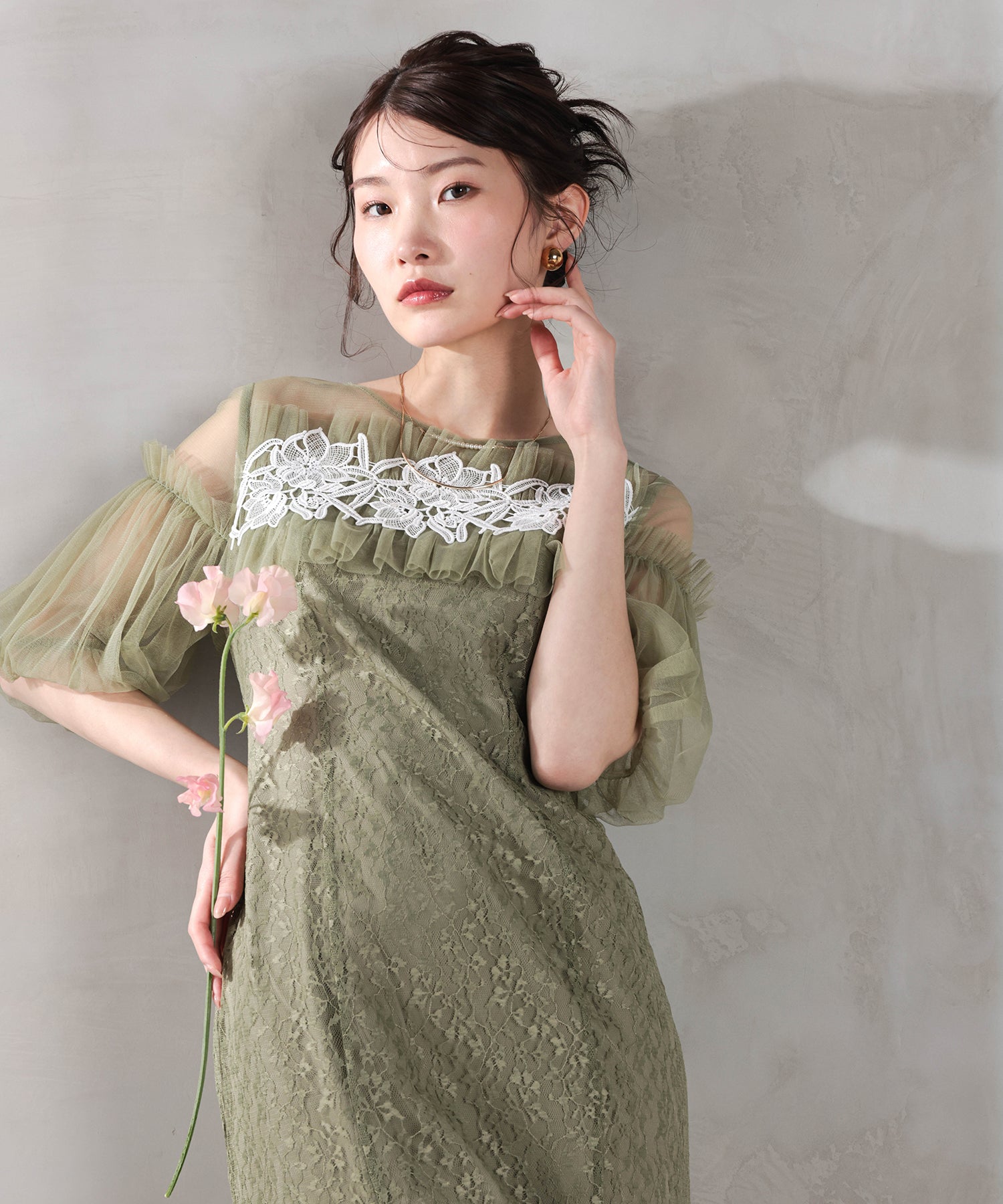 モチーフレース チュールバルーンスリーブ マーメイドライン ドレス パーティー