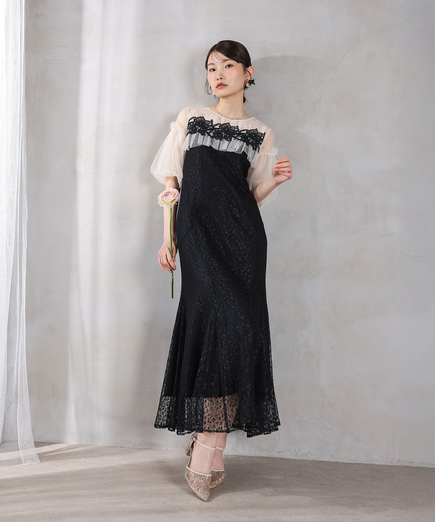 モチーフレース チュールバルーンスリーブ マーメイドライン ドレス パーティー