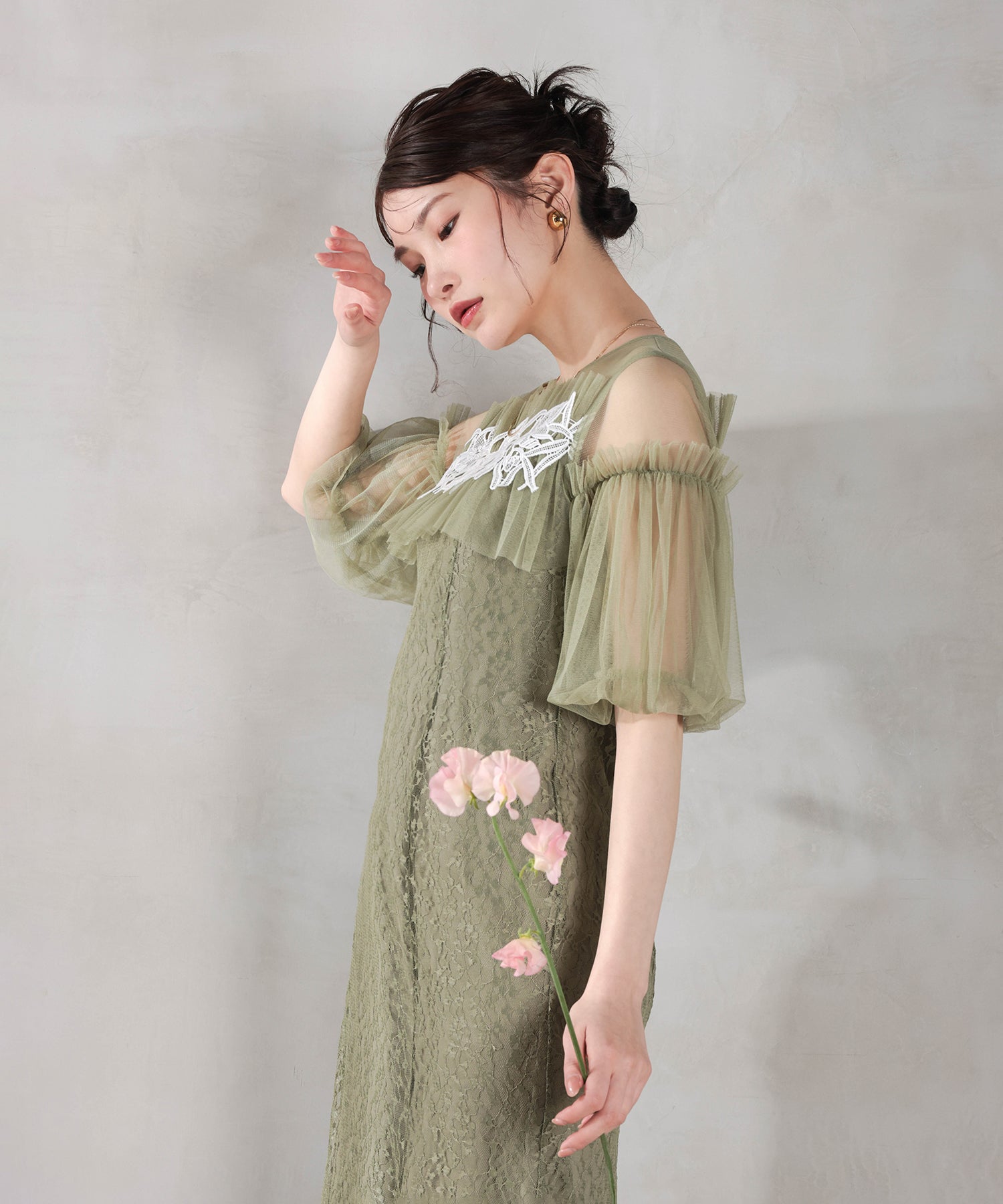 モチーフレース チュールバルーンスリーブ マーメイドライン ドレス パーティー