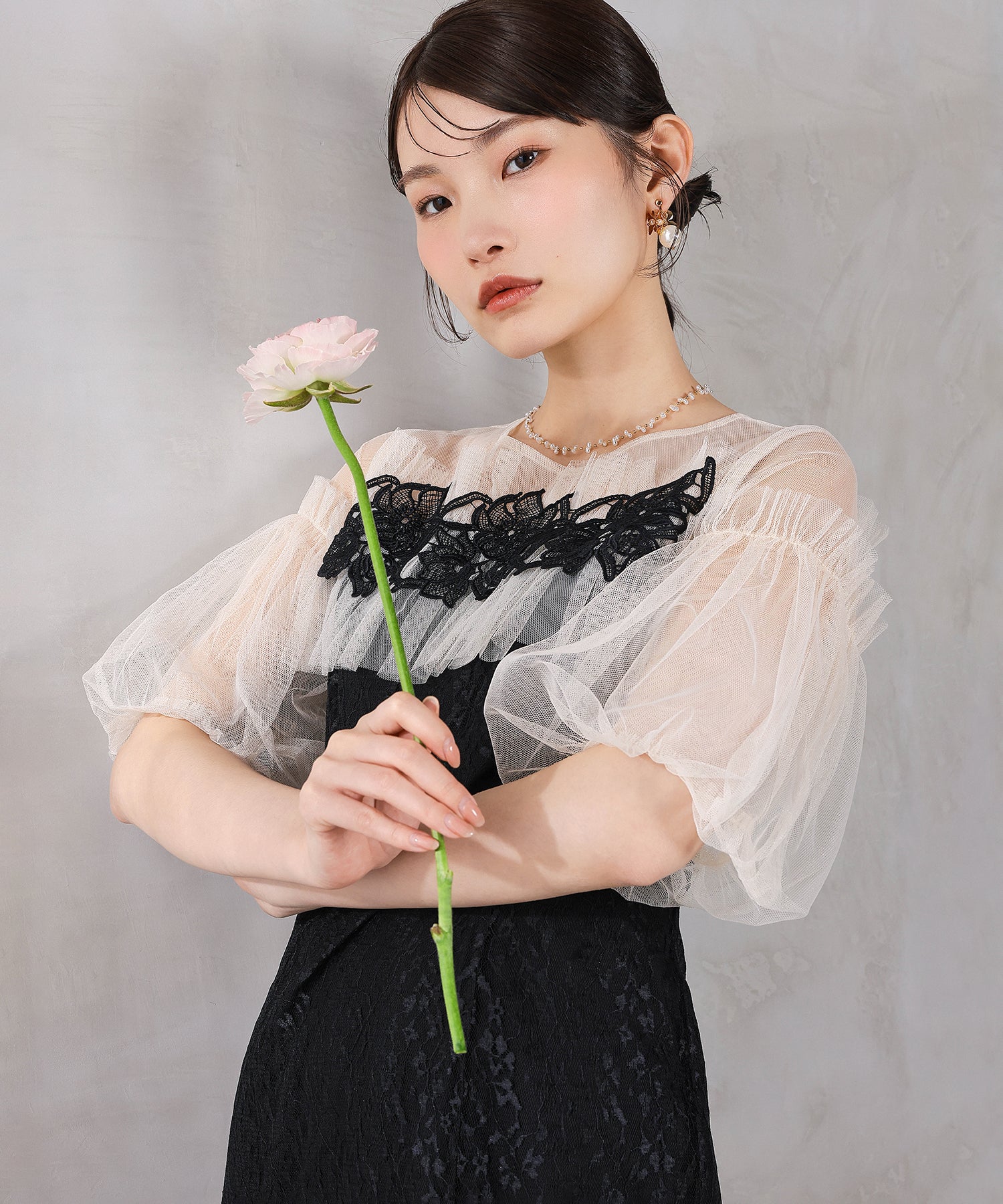 モチーフレース チュールバルーンスリーブ マーメイドライン ドレス パーティー