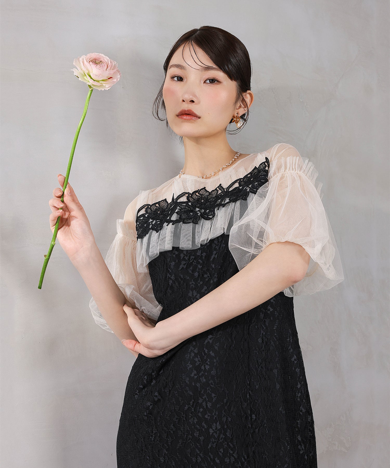 モチーフレース チュールバルーンスリーブ マーメイドライン ドレス パーティー