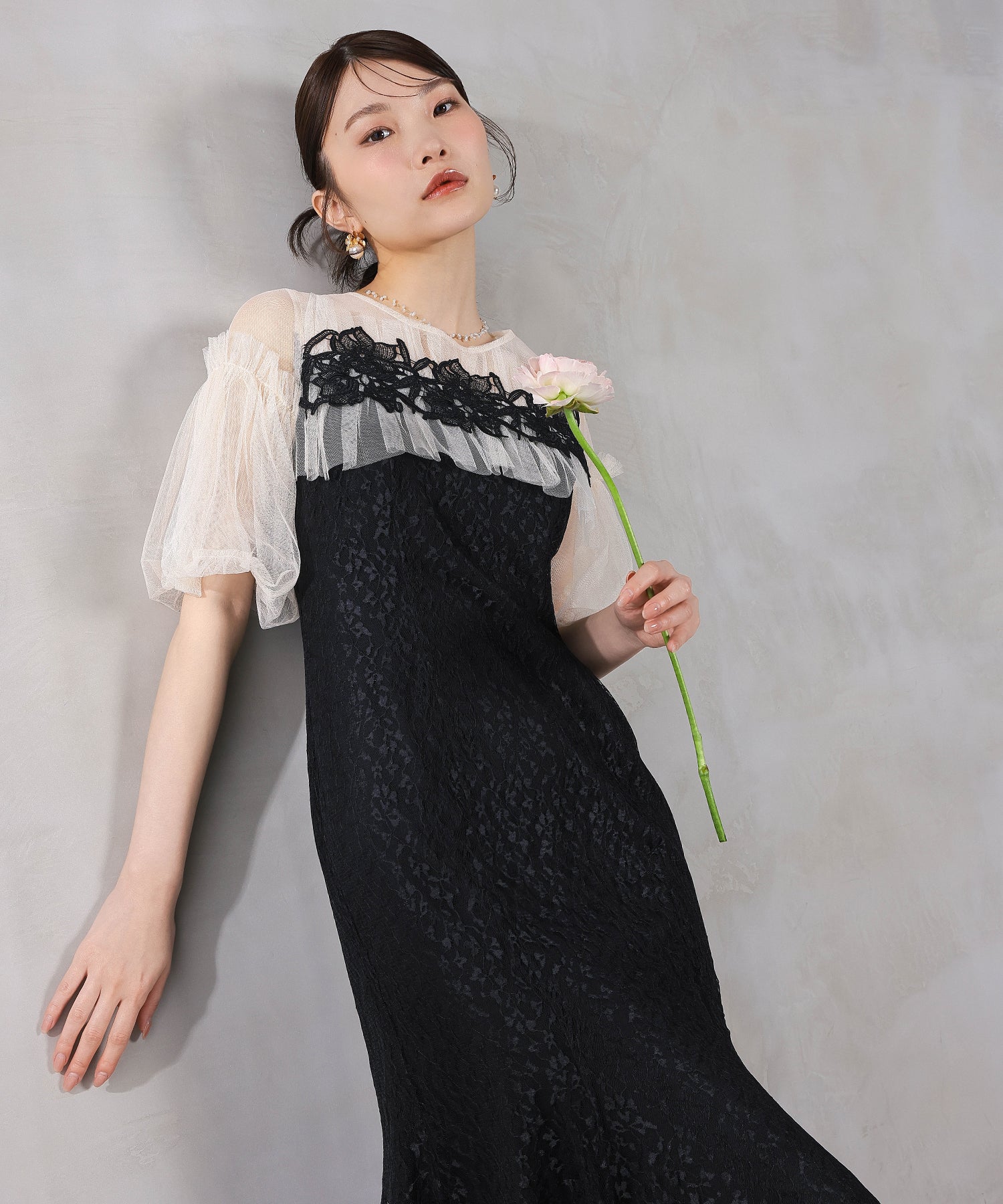 モチーフレース チュールバルーンスリーブ マーメイドライン ドレス パーティー