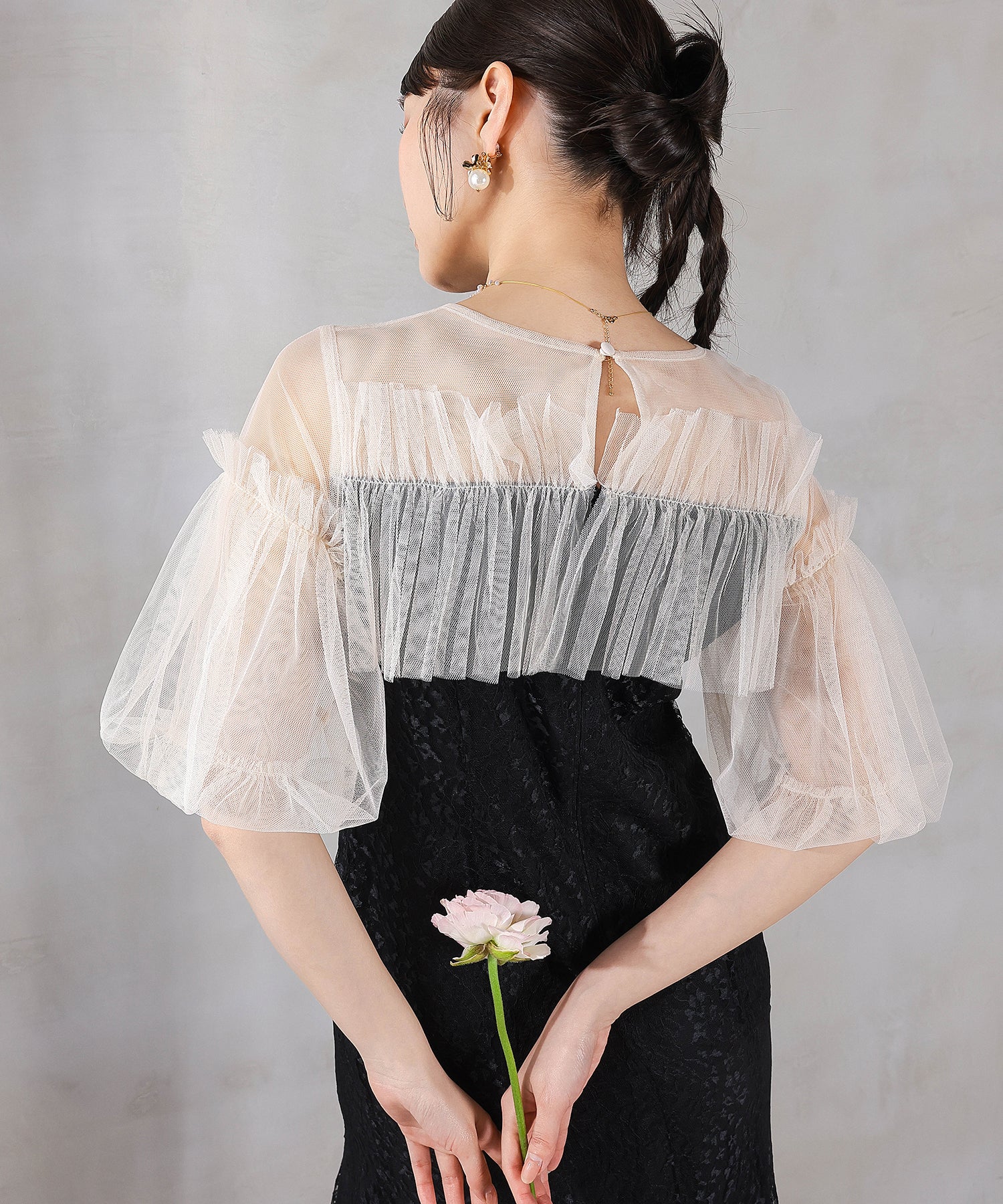 モチーフレース チュールバルーンスリーブ マーメイドライン ドレス パーティー