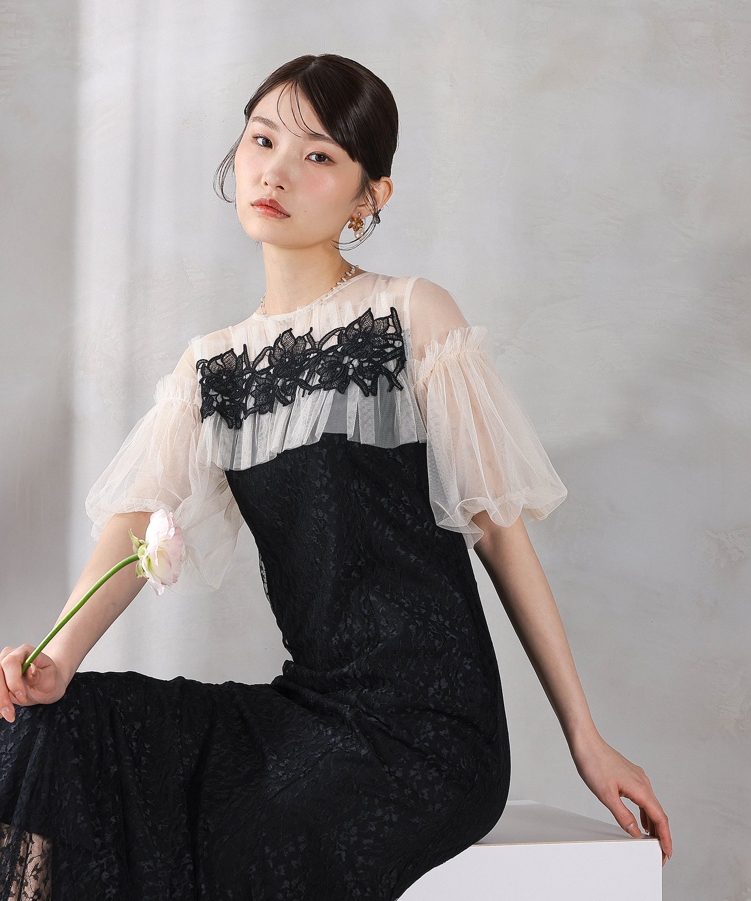 モチーフレース チュールバルーンスリーブ マーメイドライン ドレス パーティー