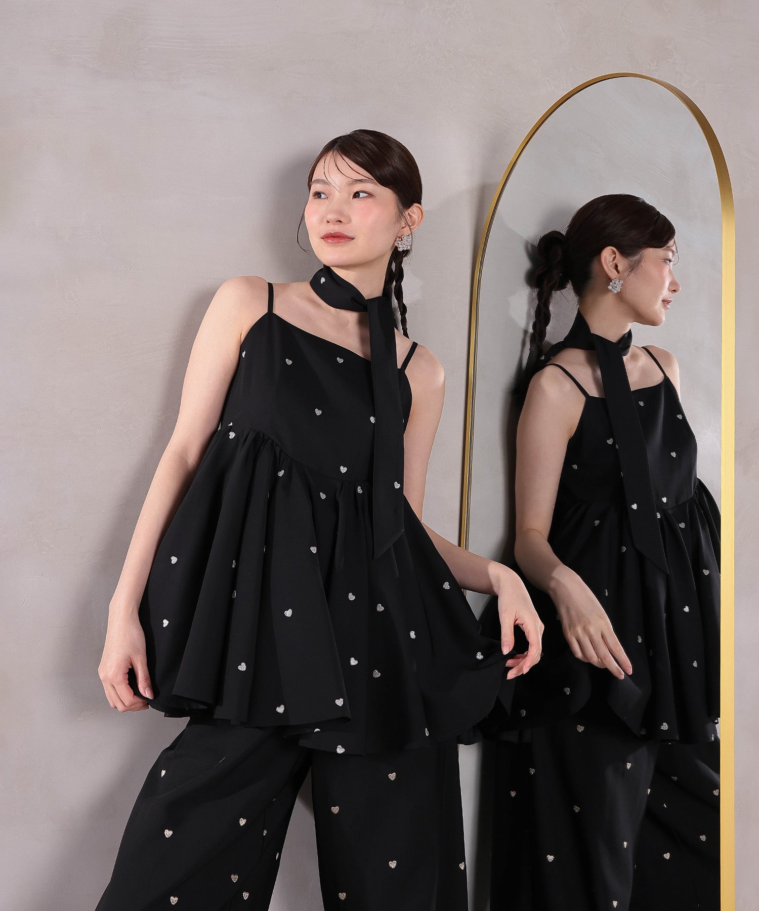 ハート刺繍ペプラムパンツドレス3点セット