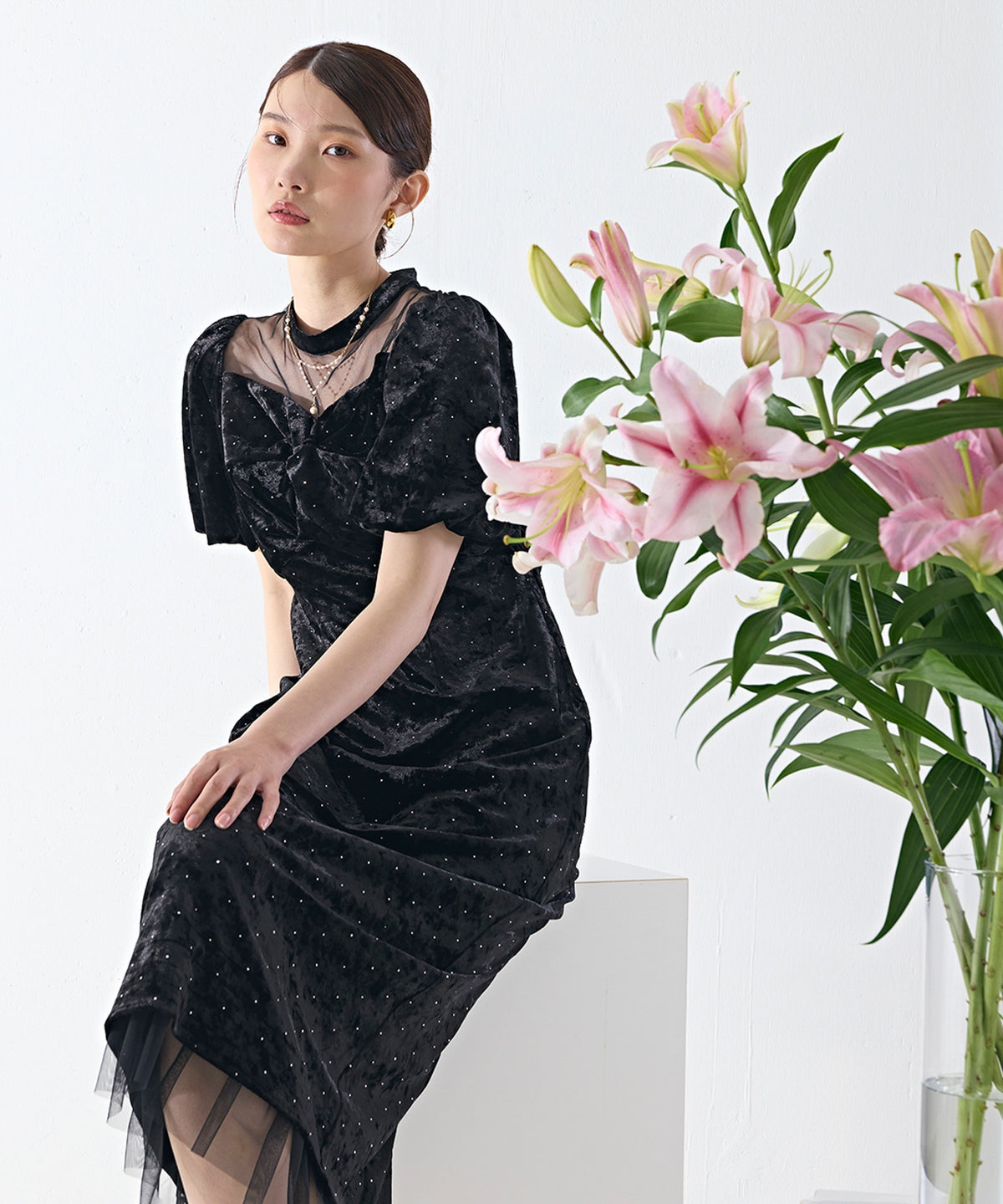 クラッシュベロア×ラインストーンIラインワンピースドレス