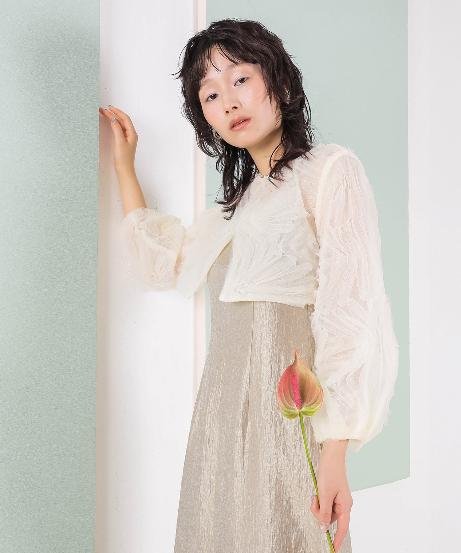 【kaene別注企画】チュールエンブロイダリーボレロ 光沢サテンAラインドレス 2点セット パーティー結婚式 お呼ばれ オケージョンドレス