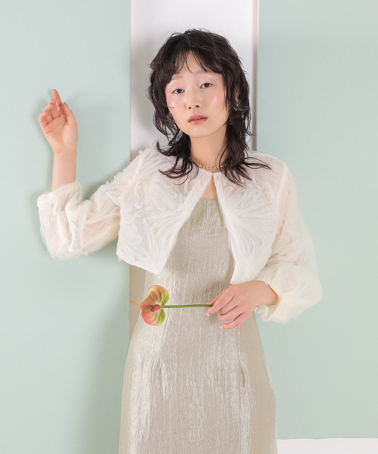 【kaene別注企画】チュールエンブロイダリーボレロ 光沢サテンAラインドレス 2点セット パーティー結婚式 お呼ばれ オケージョンドレス