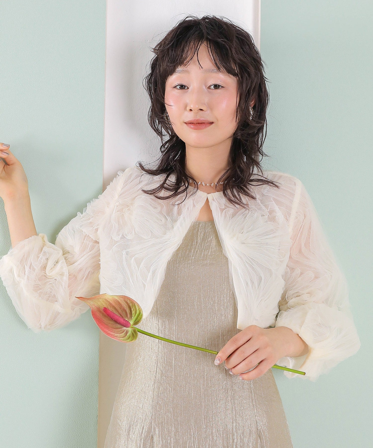 【kaene別注企画】チュールエンブロイダリーボレロ 光沢サテンAラインドレス 2点セット パーティー結婚式 お呼ばれ オケージョンドレス