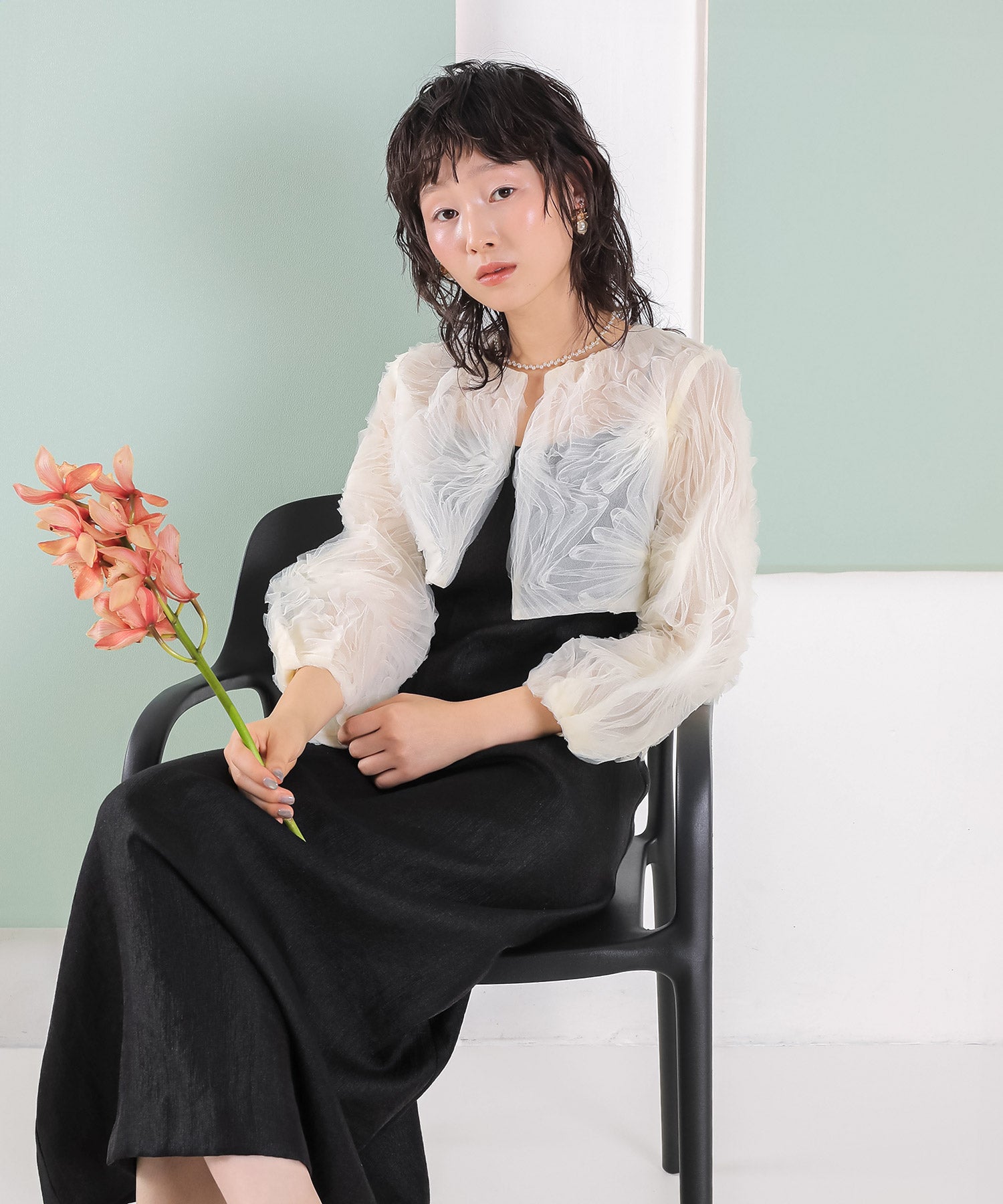 【kaene別注企画】チュールエンブロイダリーボレロ 光沢サテンAラインドレス 2点セット パーティー結婚式 お呼ばれ オケージョンドレス