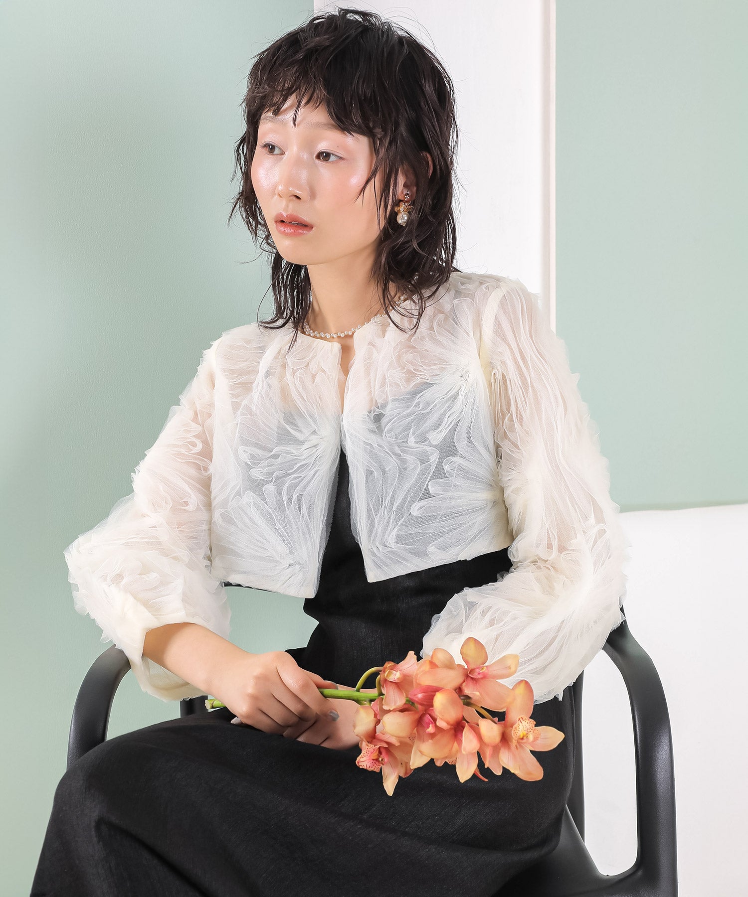 【kaene別注企画】チュールエンブロイダリーボレロ 光沢サテンAラインドレス 2点セット パーティー結婚式 お呼ばれ オケージョンドレス