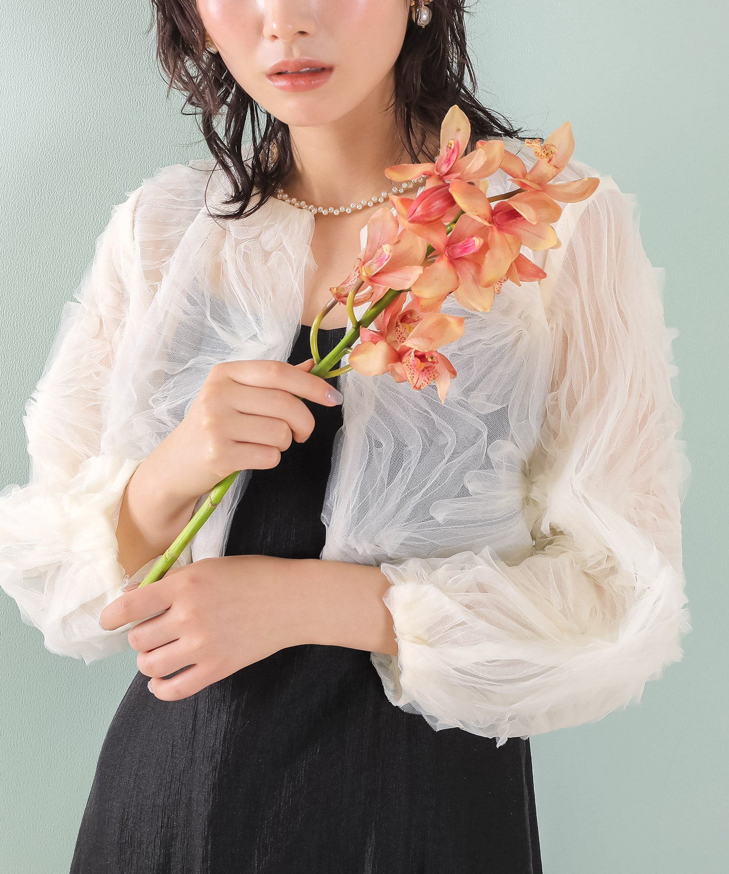 【kaene別注企画】チュールエンブロイダリーボレロ 光沢サテンAラインドレス 2点セット パーティー結婚式 お呼ばれ オケージョンドレス