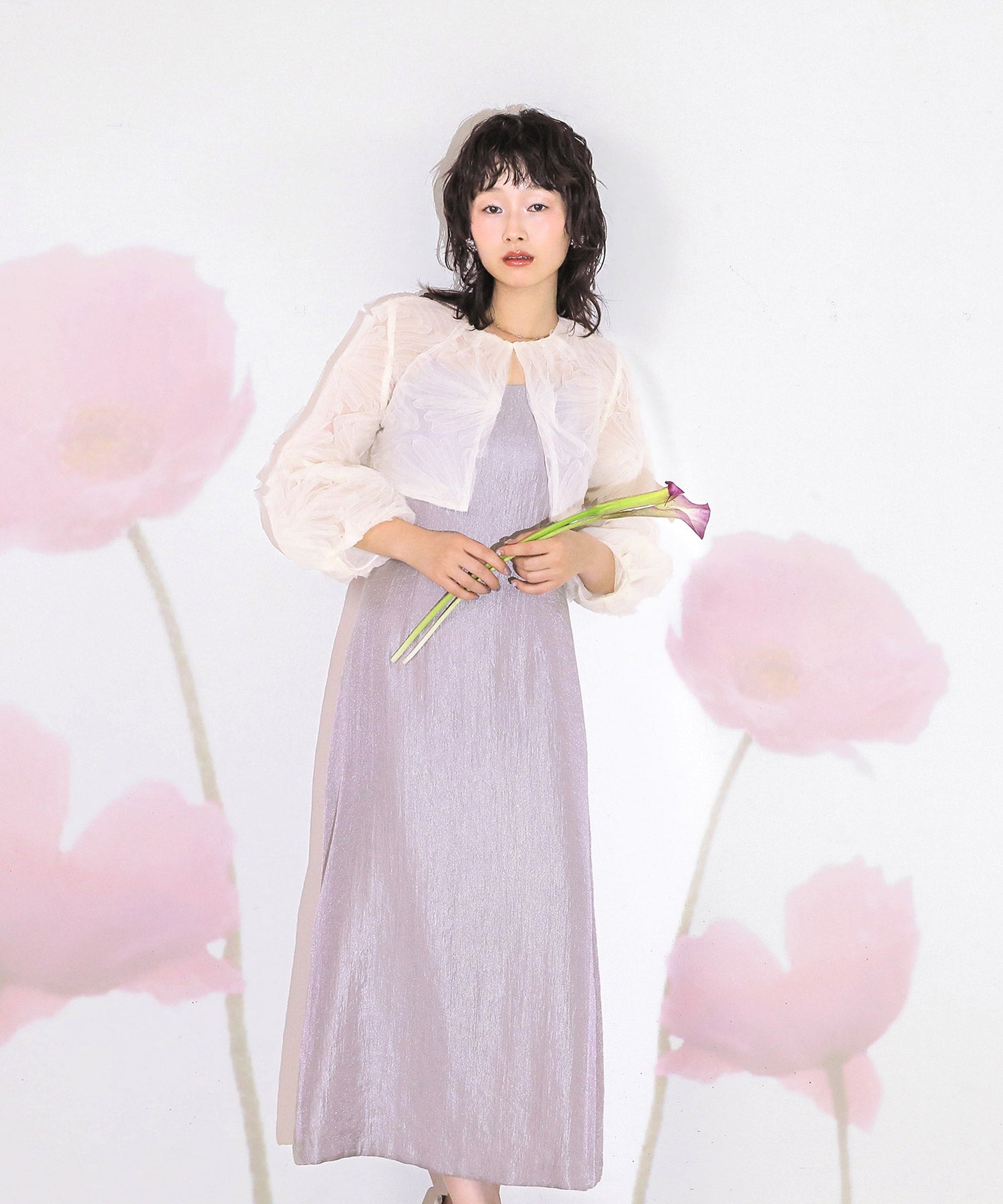 【kaene別注企画】チュールエンブロイダリーボレロ 光沢サテンAラインドレス 2点セット パーティー結婚式 お呼ばれ オケージョンドレス