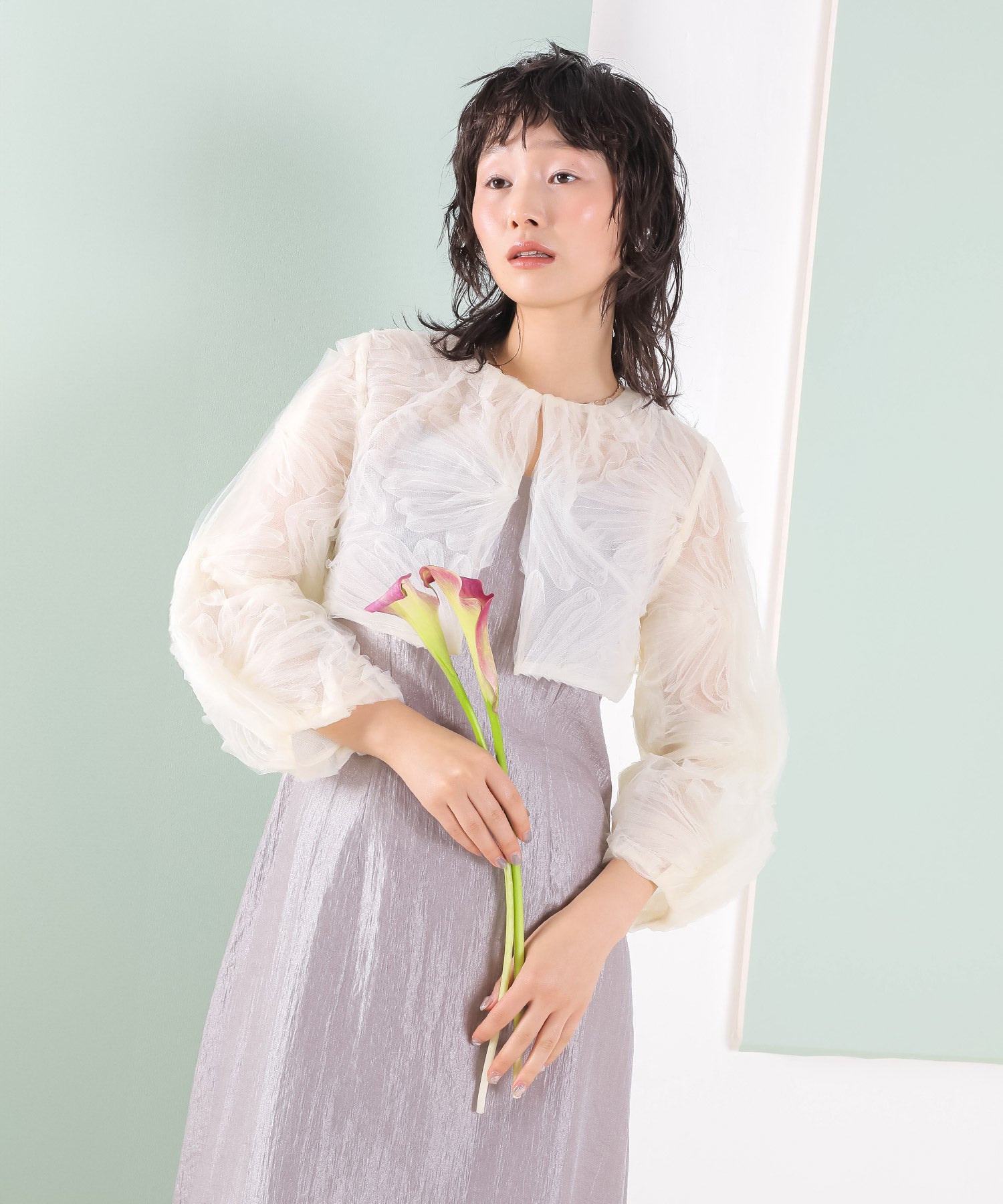 【kaene別注企画】チュールエンブロイダリーボレロ 光沢サテンAラインドレス 2点セット パーティー結婚式 お呼ばれ オケージョンドレス