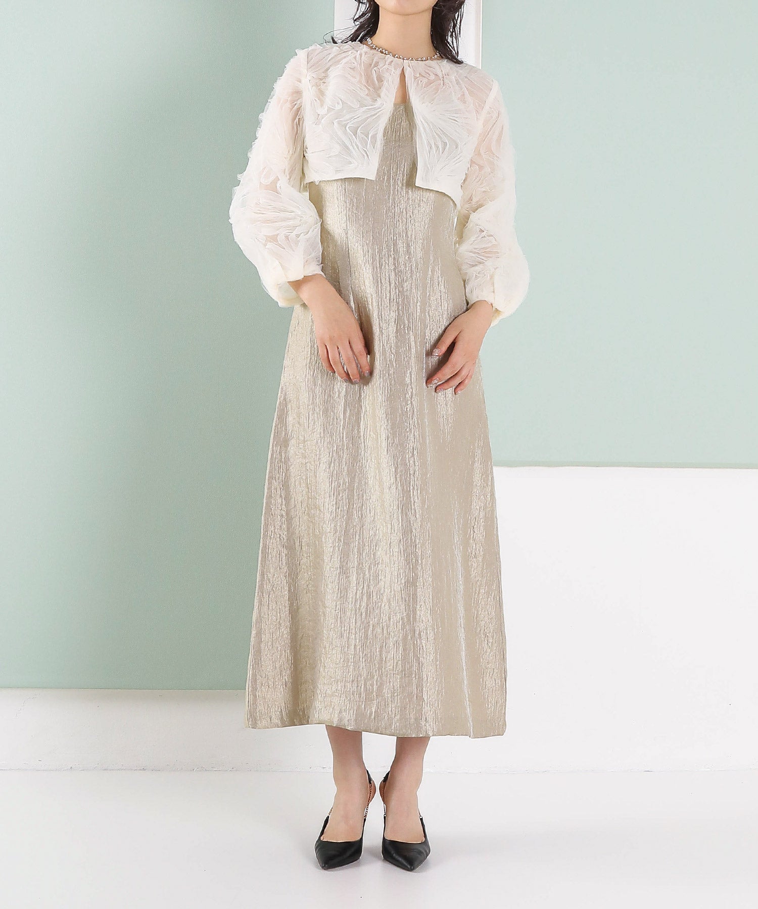 【kaene別注企画】チュールエンブロイダリーボレロ 光沢サテンAラインドレス 2点セット パーティー結婚式 お呼ばれ オケージョンドレス