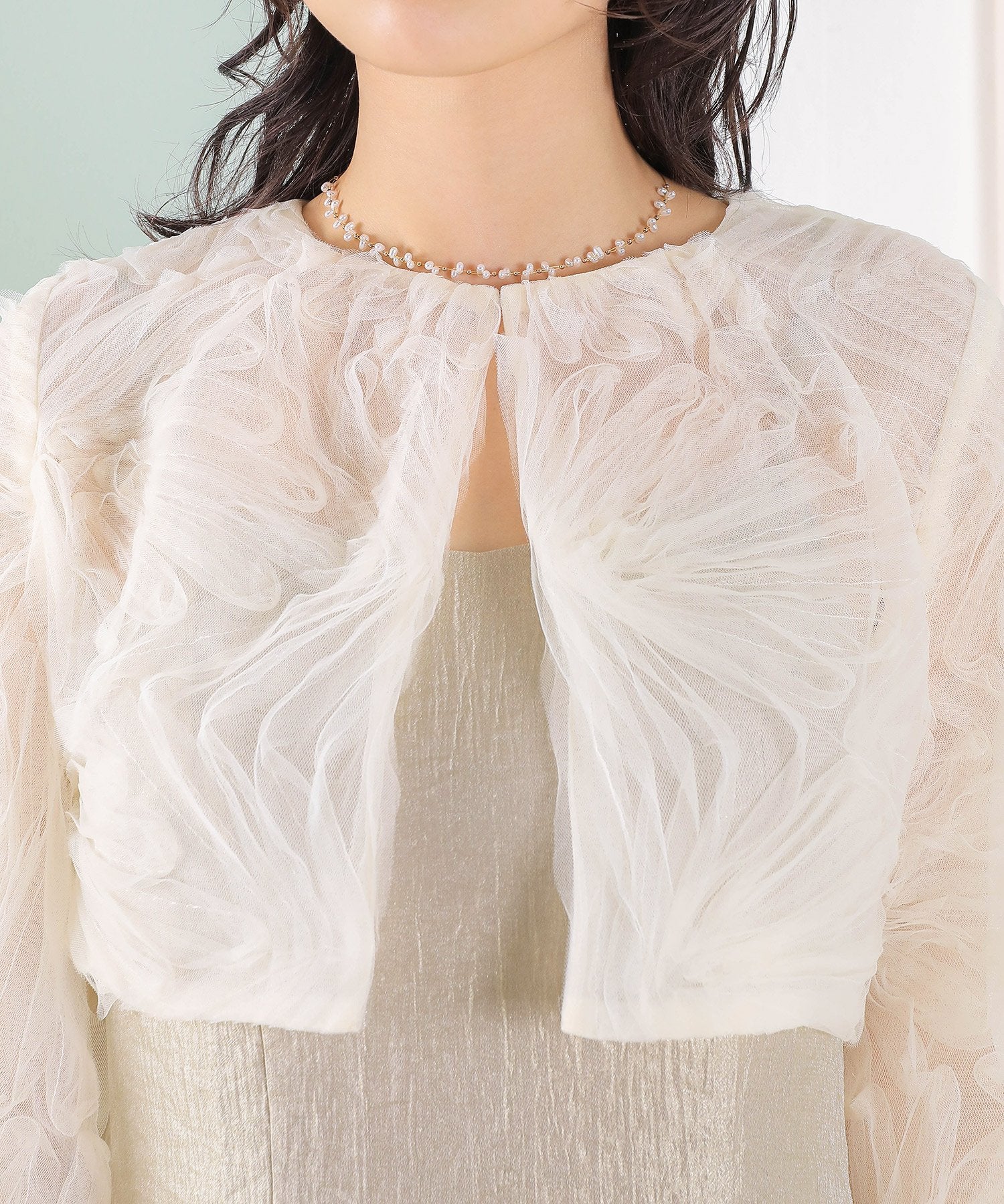 【kaene別注企画】チュールエンブロイダリーボレロ 光沢サテンAラインドレス 2点セット パーティー結婚式 お呼ばれ オケージョンドレス