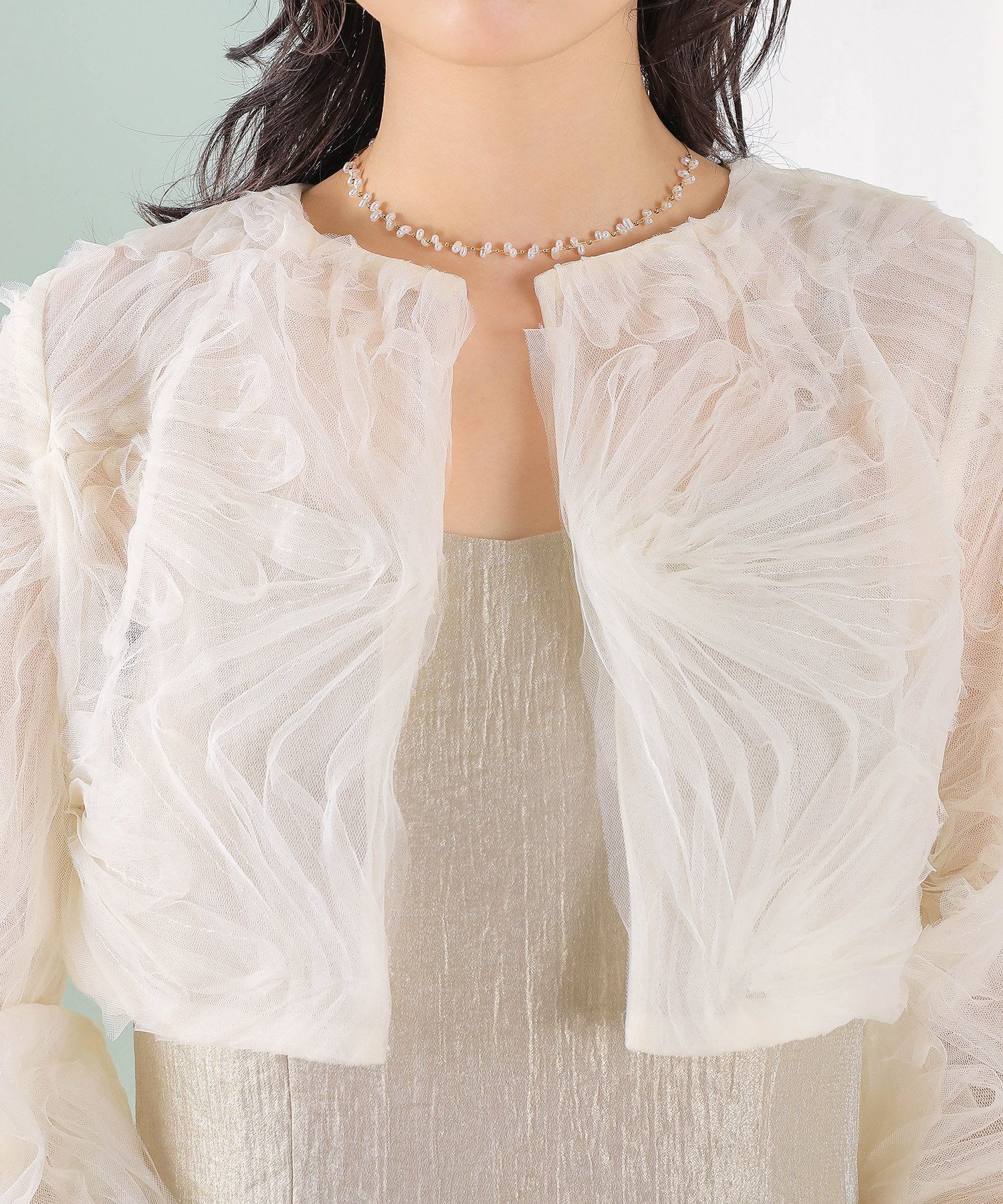 【kaene別注企画】チュールエンブロイダリーボレロ 光沢サテンAラインドレス 2点セット パーティー結婚式 お呼ばれ オケージョンドレス