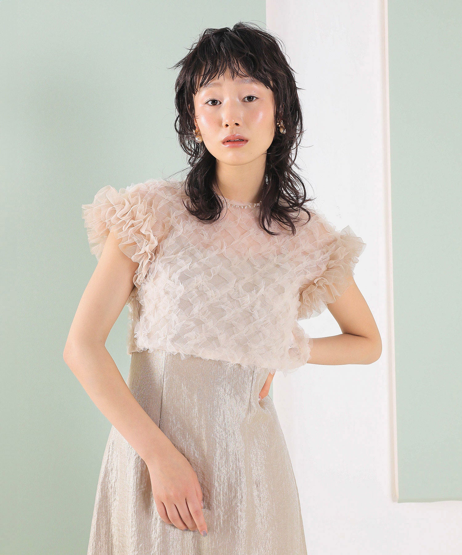 【kaene 別注カラー】ボリュームチュールブラウス 光沢サテンAラインワンピース 2点セットドレス パーティー結婚式 お呼ばれ オケージョンドレス