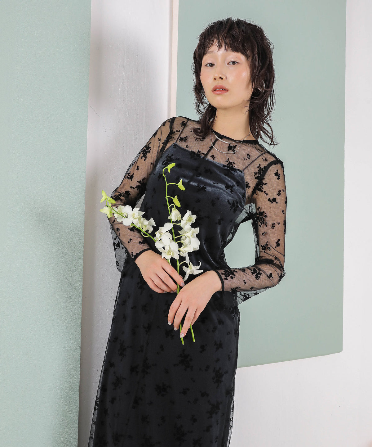 フロッキー花柄レースパールスリーブベロアIラインドレス