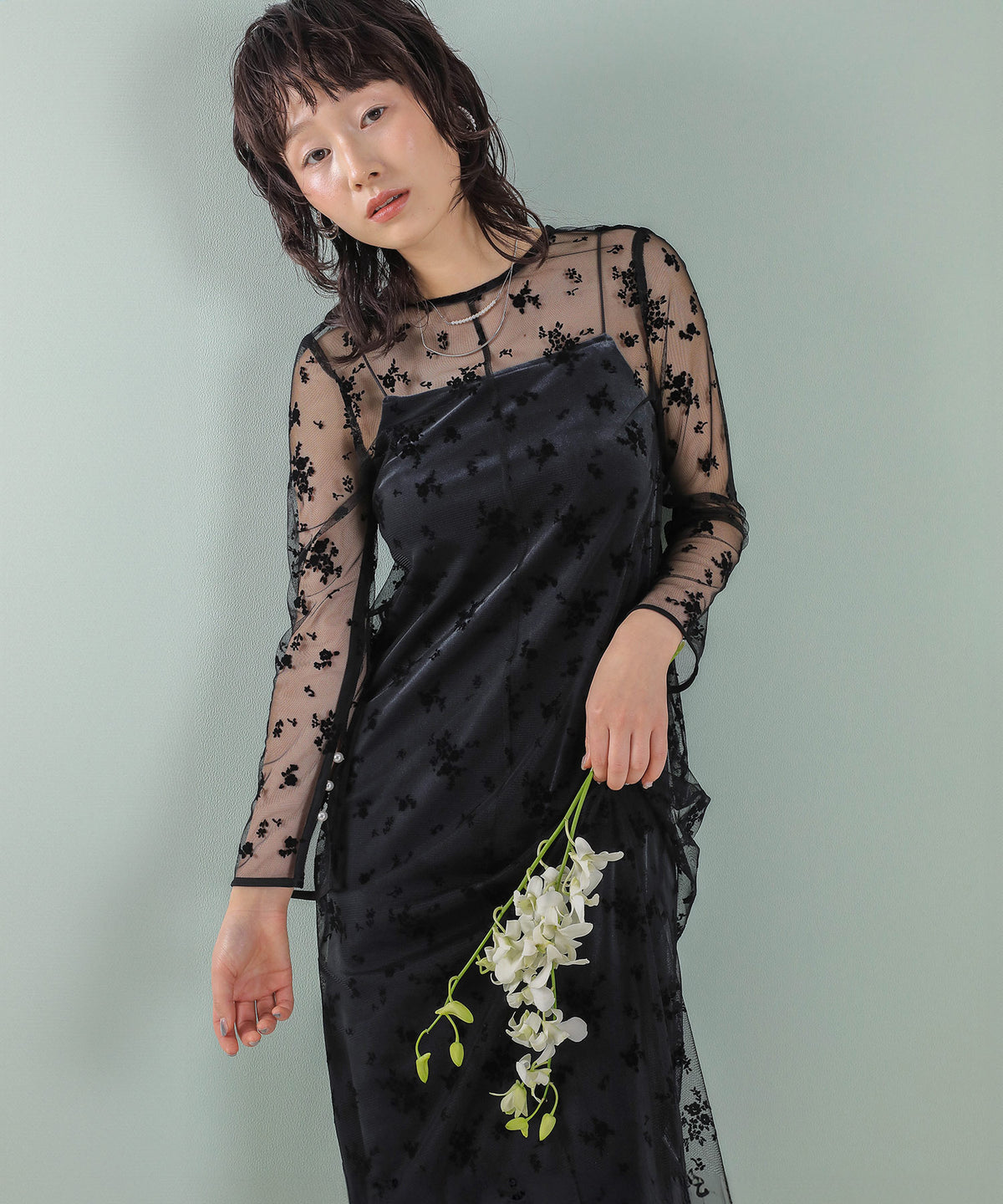 フロッキー花柄レースパールスリーブベロアIラインドレス