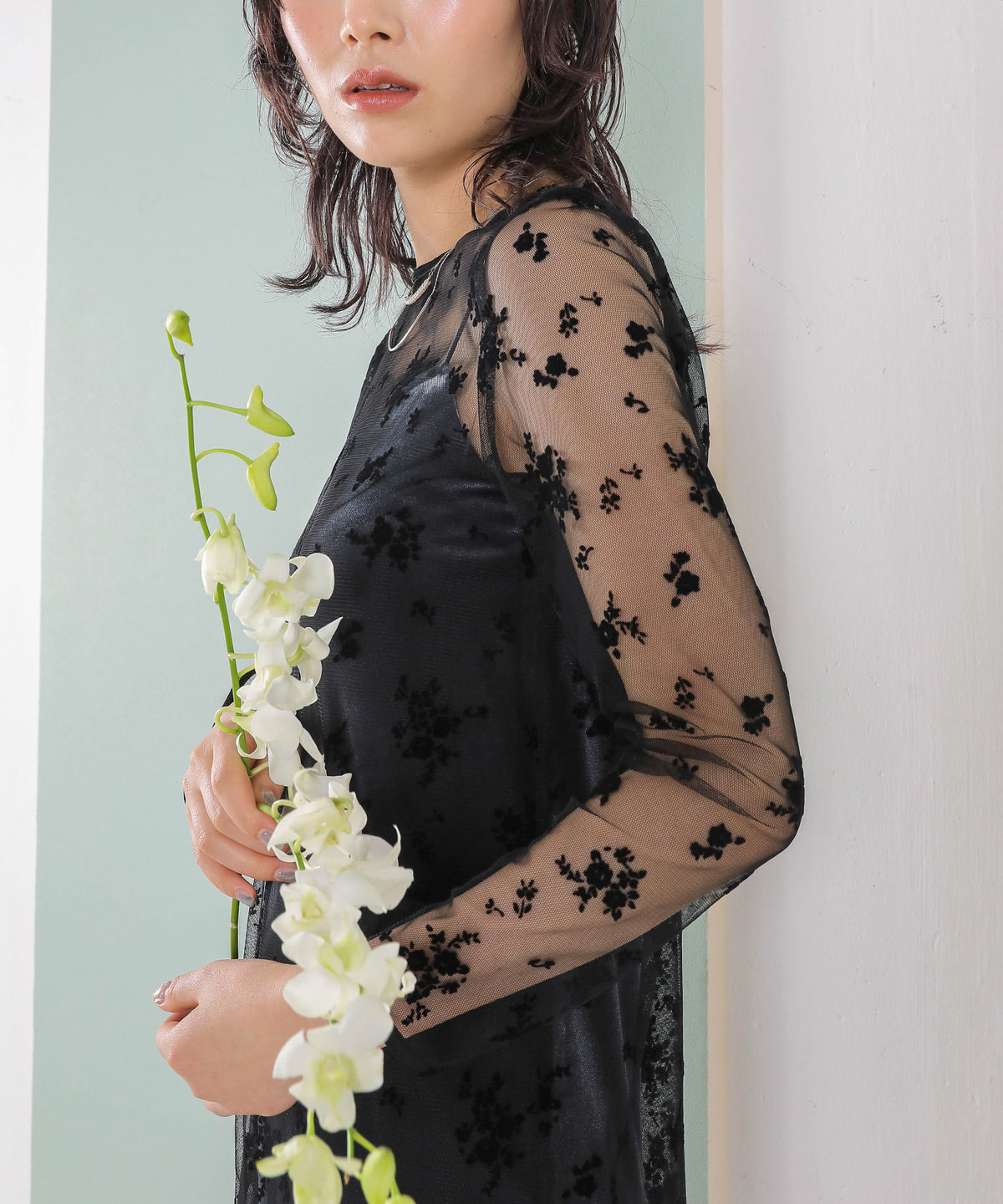 フロッキー花柄レースパールスリーブベロアIラインドレス