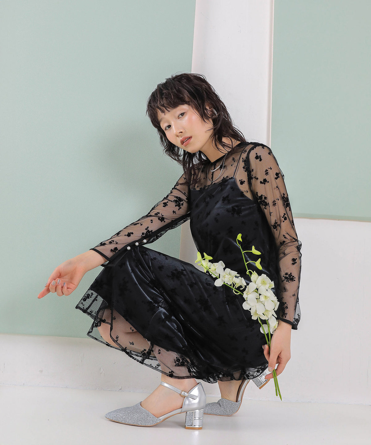 フロッキー花柄レースパールスリーブベロアIラインドレス