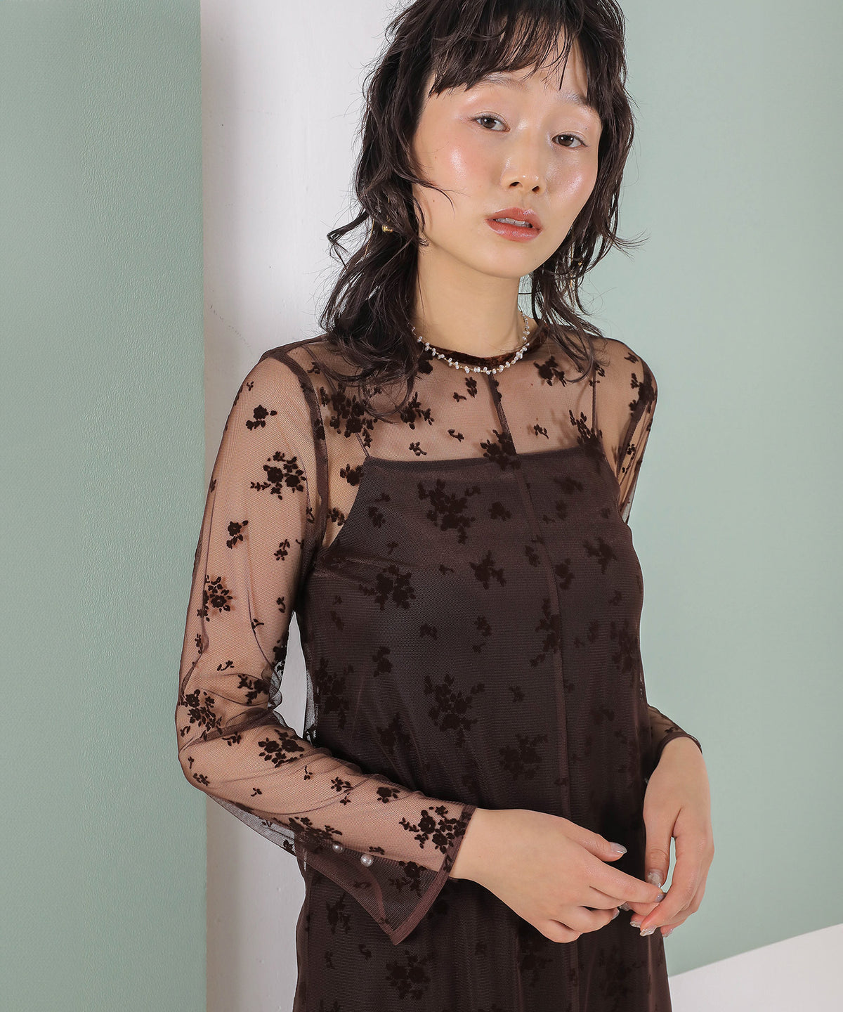 フロッキー花柄レースパールスリーブベロアIラインドレス