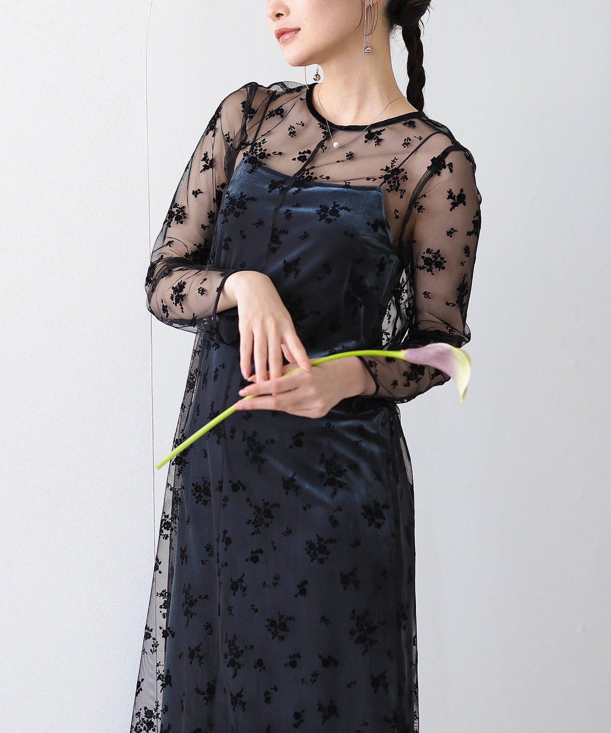 フロッキー花柄レースパールスリーブベロアIラインドレス