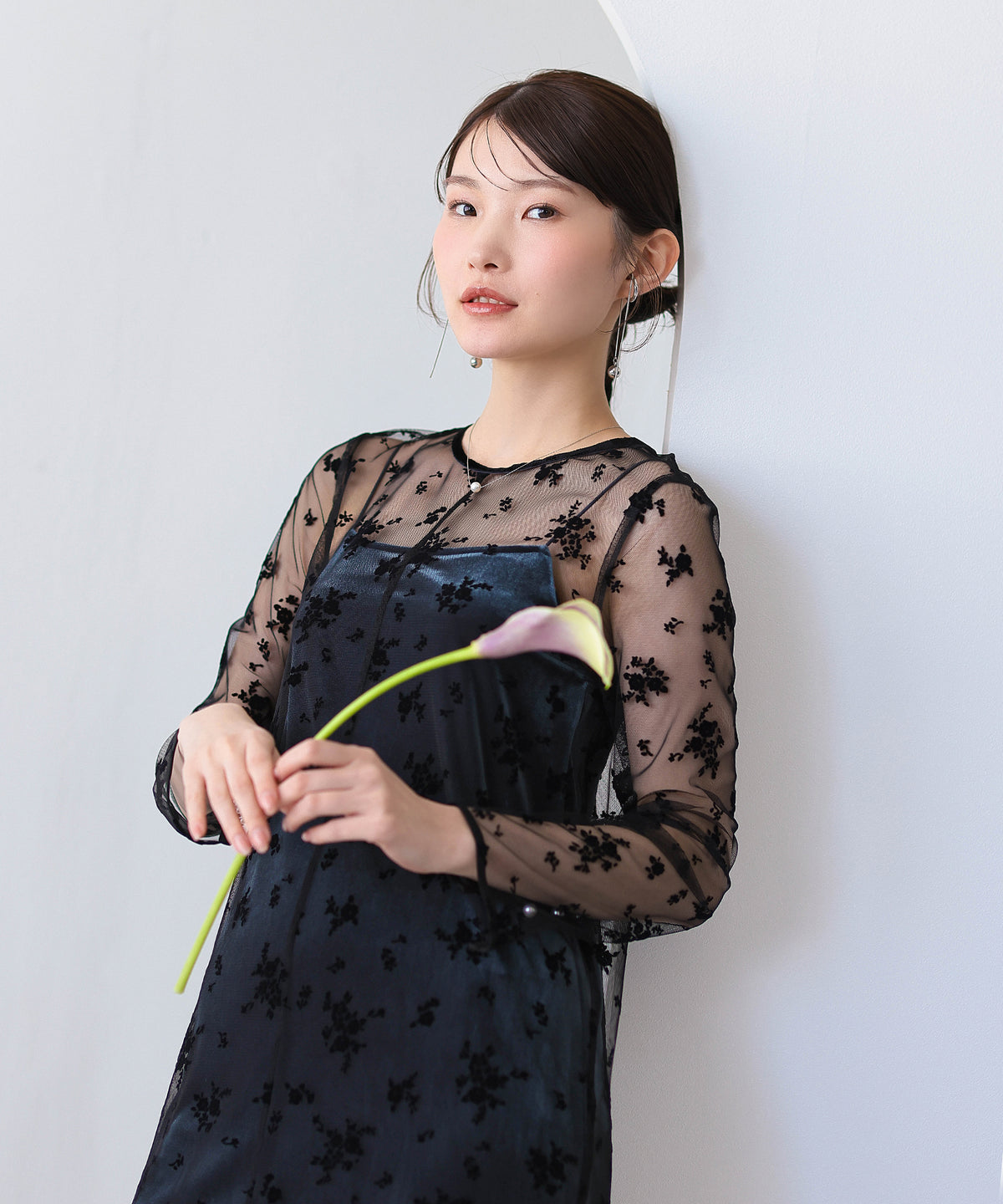 フロッキー花柄レースパールスリーブベロアIラインドレス