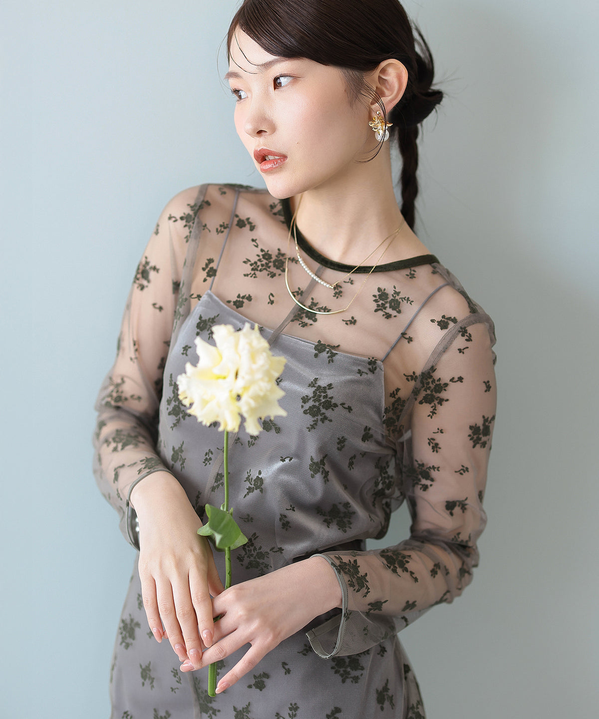 フロッキー花柄レースパールスリーブベロアIラインドレス