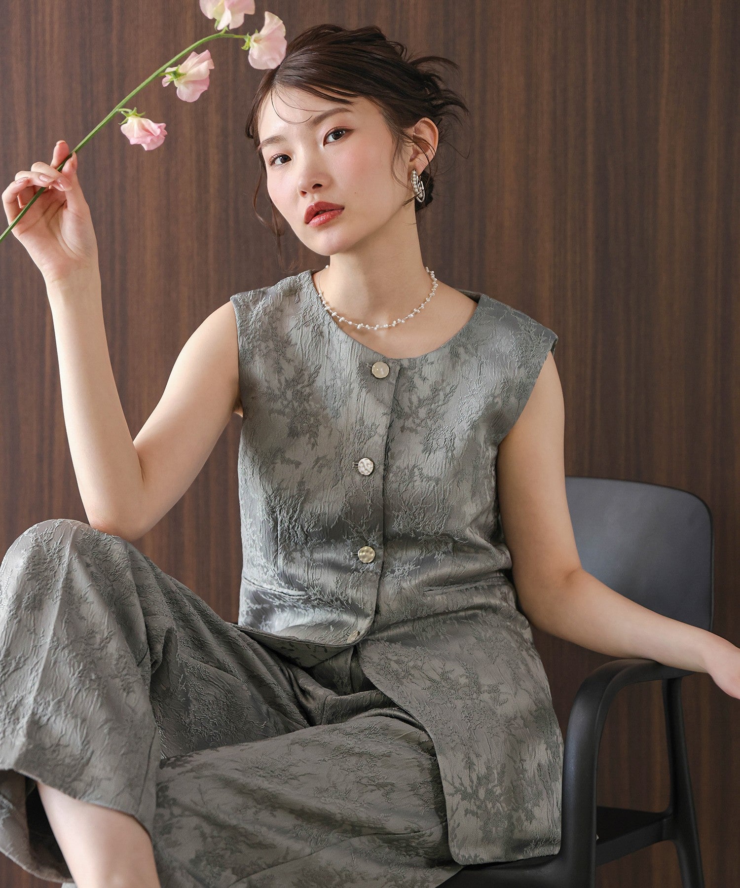 ジャガードジレ ストレートパンツ 2点セット パンツドレス セットアップ 結婚式 お呼ばれ オケージョン パーティー