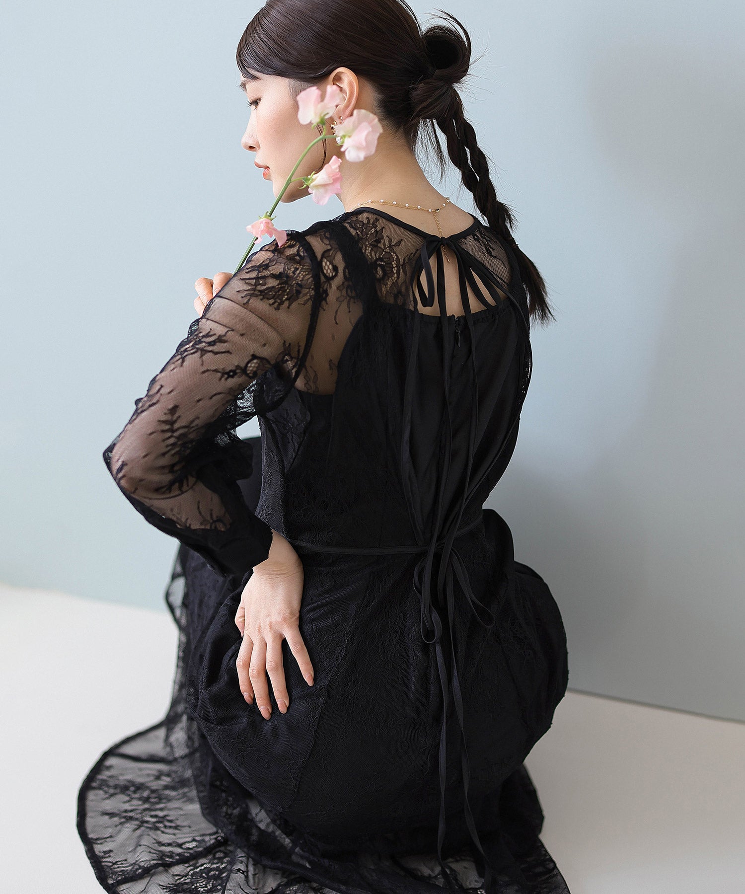 刺繍レース バックデザイン 総レース フレアワンピース ドレス パーティー