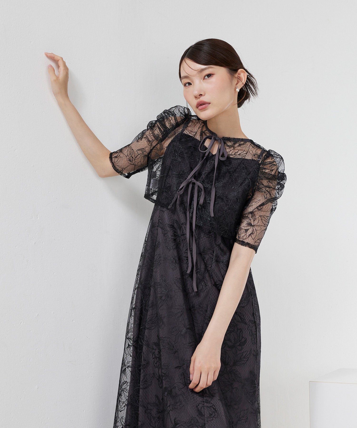花柄シアーレースリボンドレス2点セット