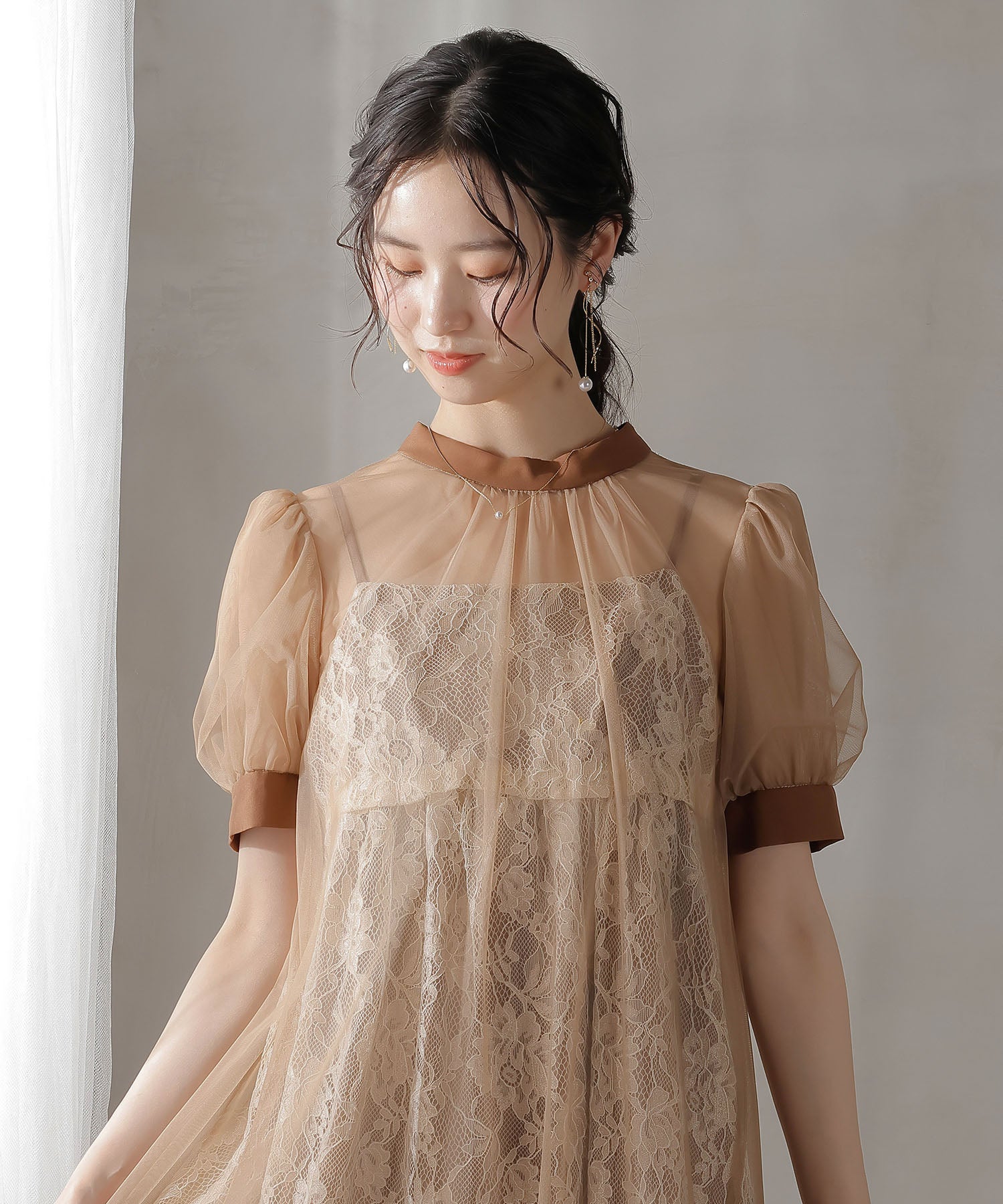 チュール バック リボン レースキャミワンピ 2点セット