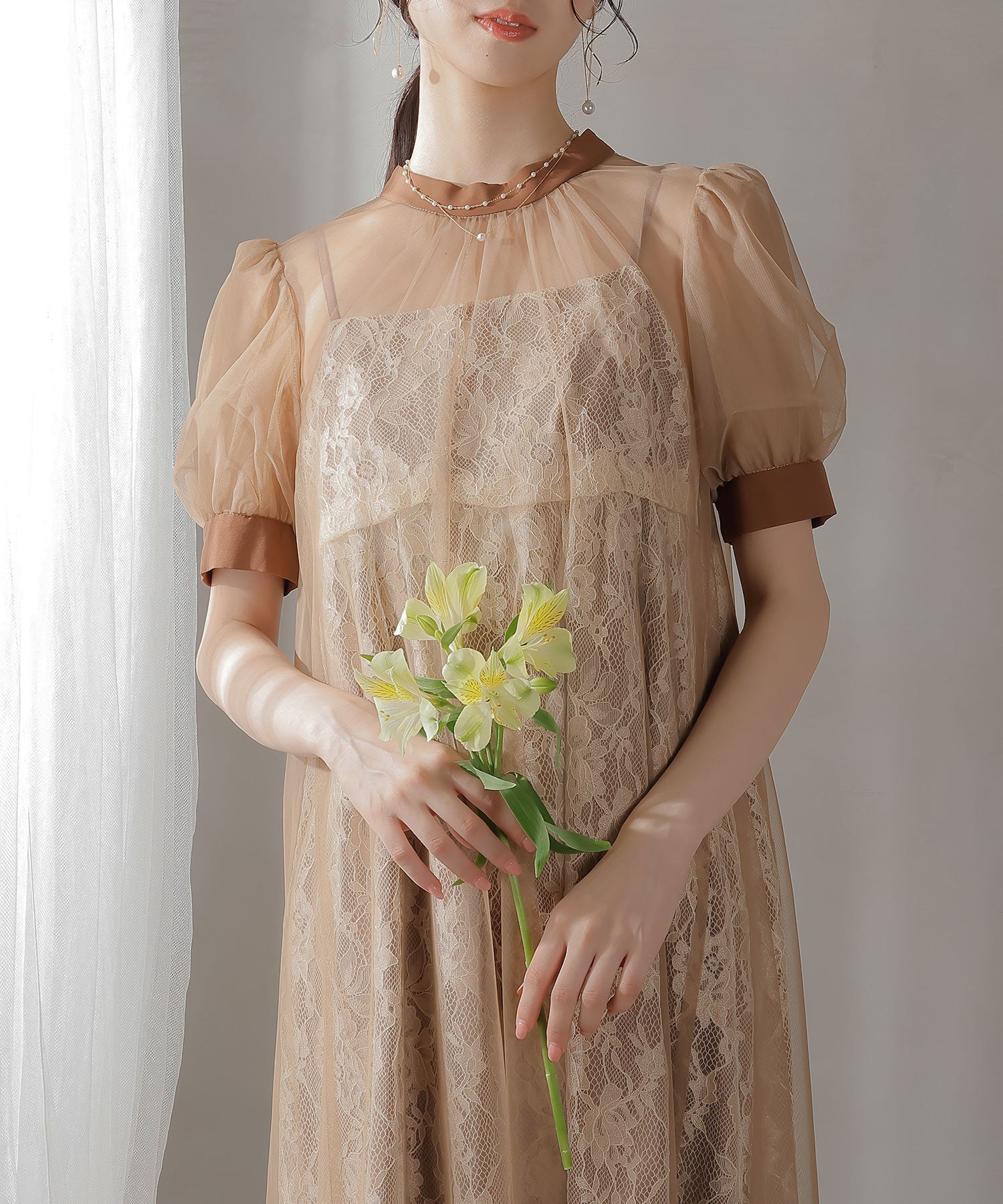 チュール バック リボン レースキャミワンピ 2点セット