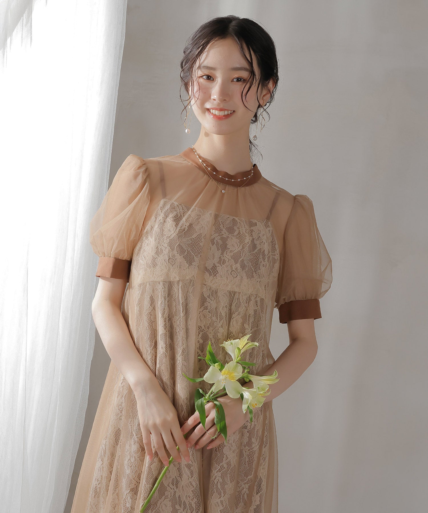 チュール バック リボン レースキャミワンピ 2点セット