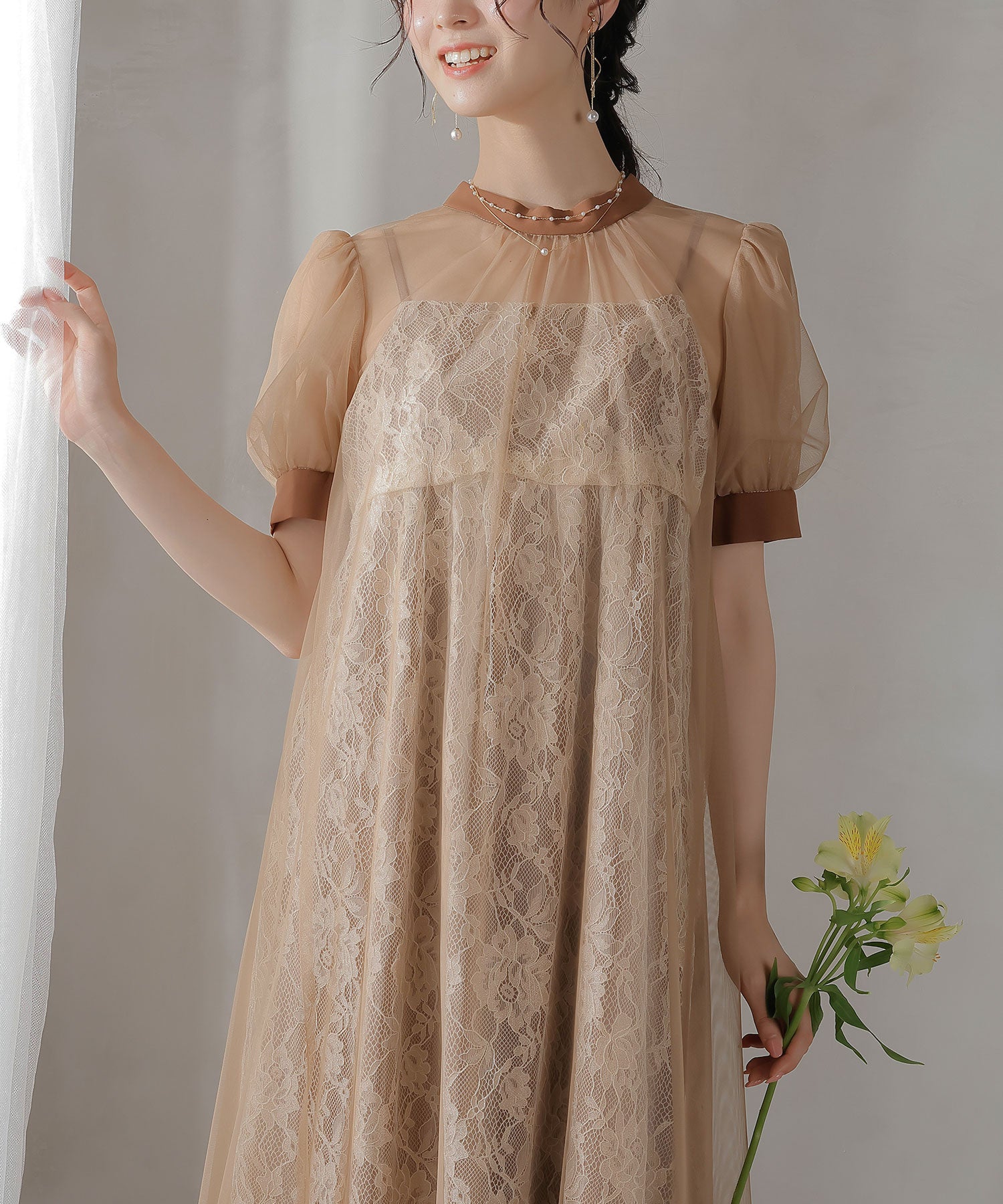 チュール バック リボン レースキャミワンピ 2点セット