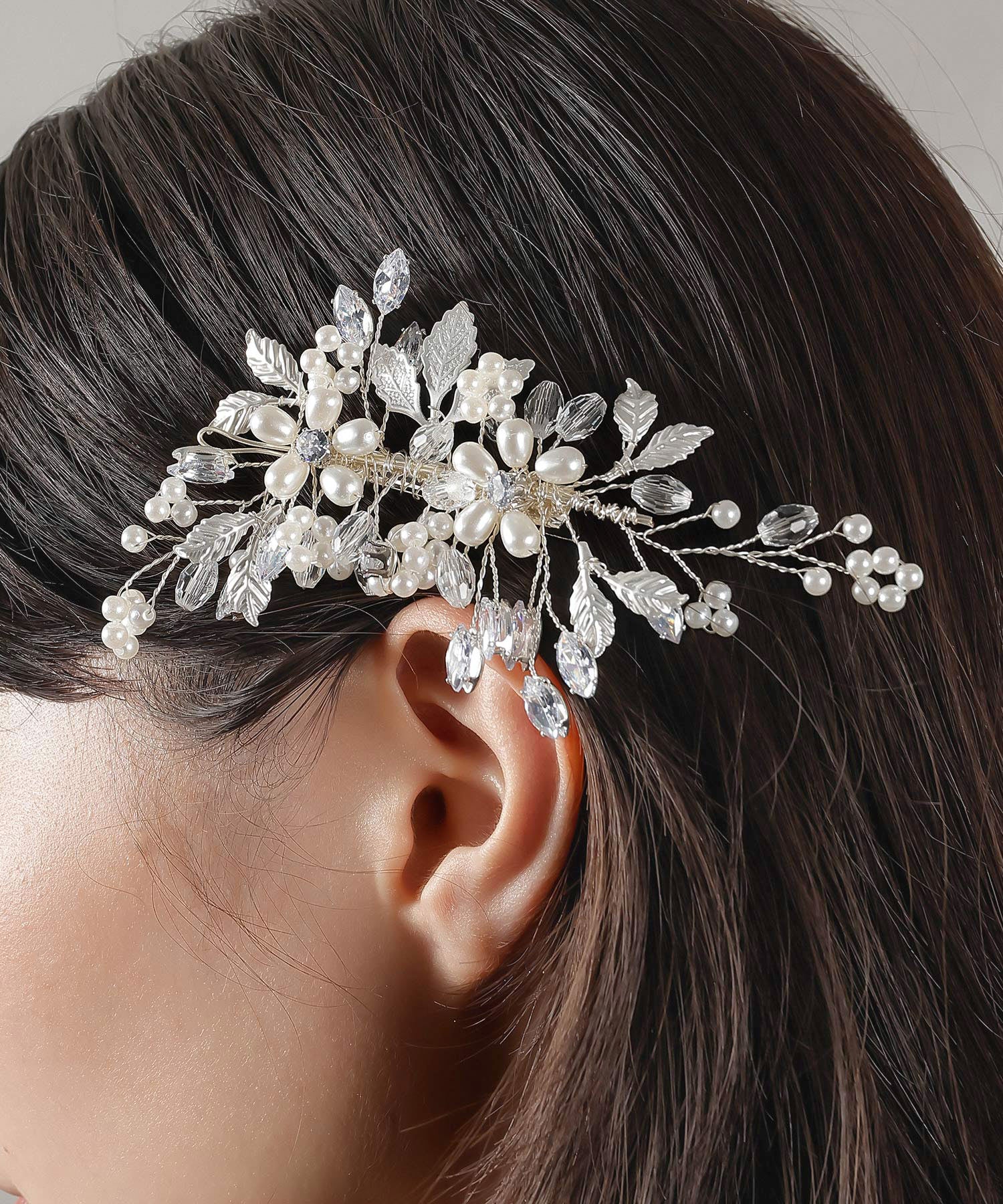 パール ビジュー クリア ビーズ フラワー ヘアクリップ